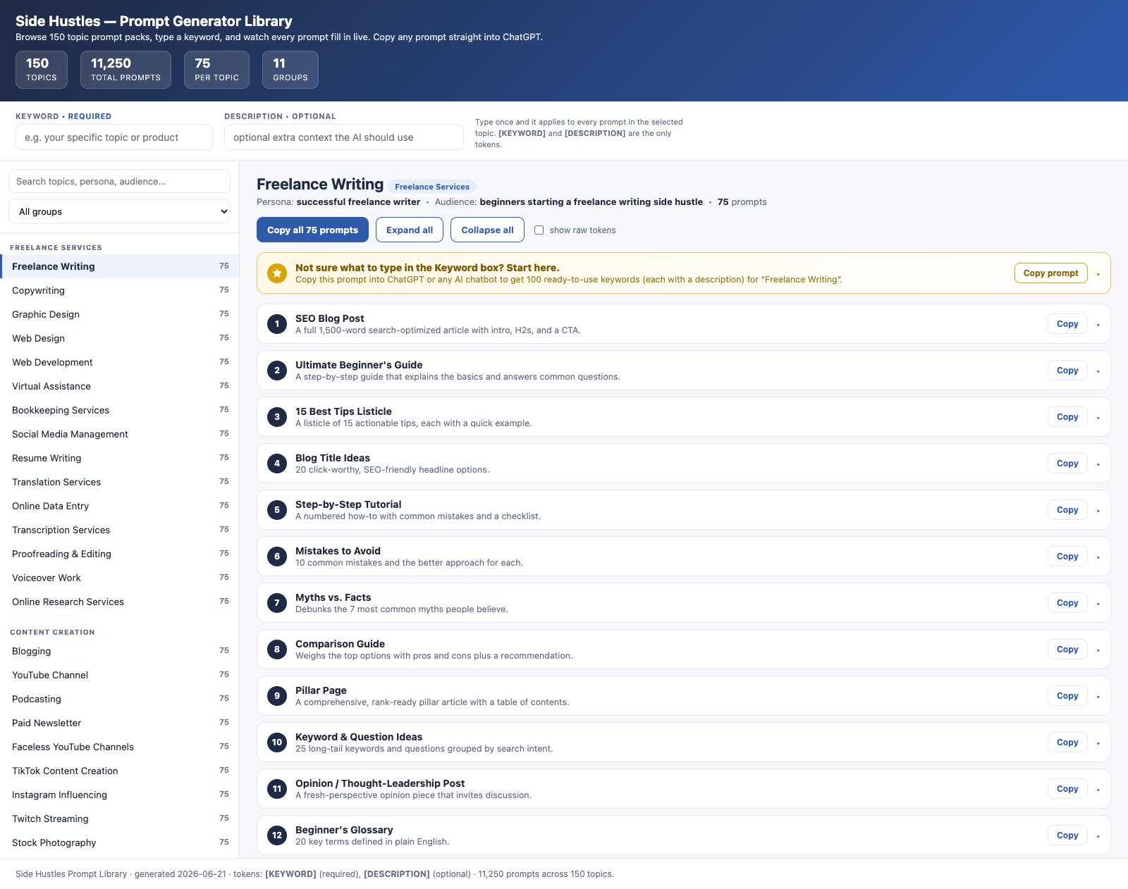 Side Hustles Prompt Generator Dashboard — live dashboard screenshot