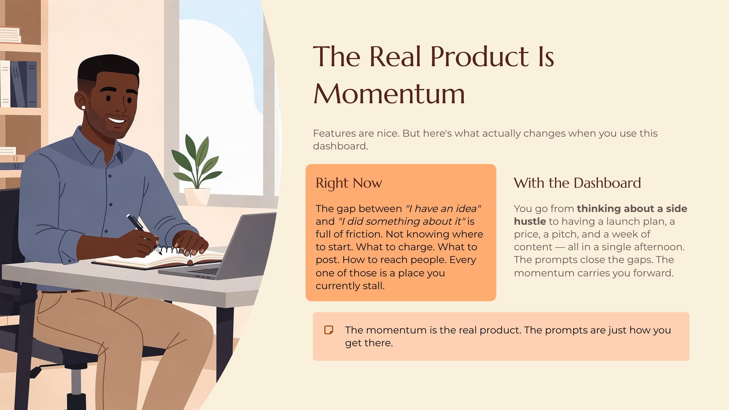 The Sales Pitch Video & Media Kit slide — The Real Product Is Momentum