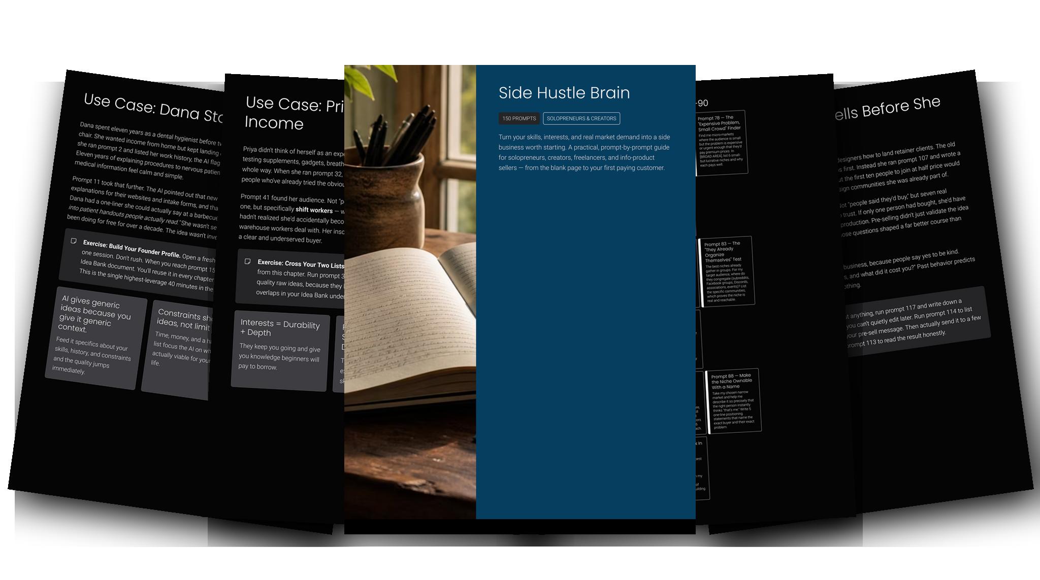 Side Hustle Brain — The Flagship Guide & Asset Library — Fanned slides (dark)