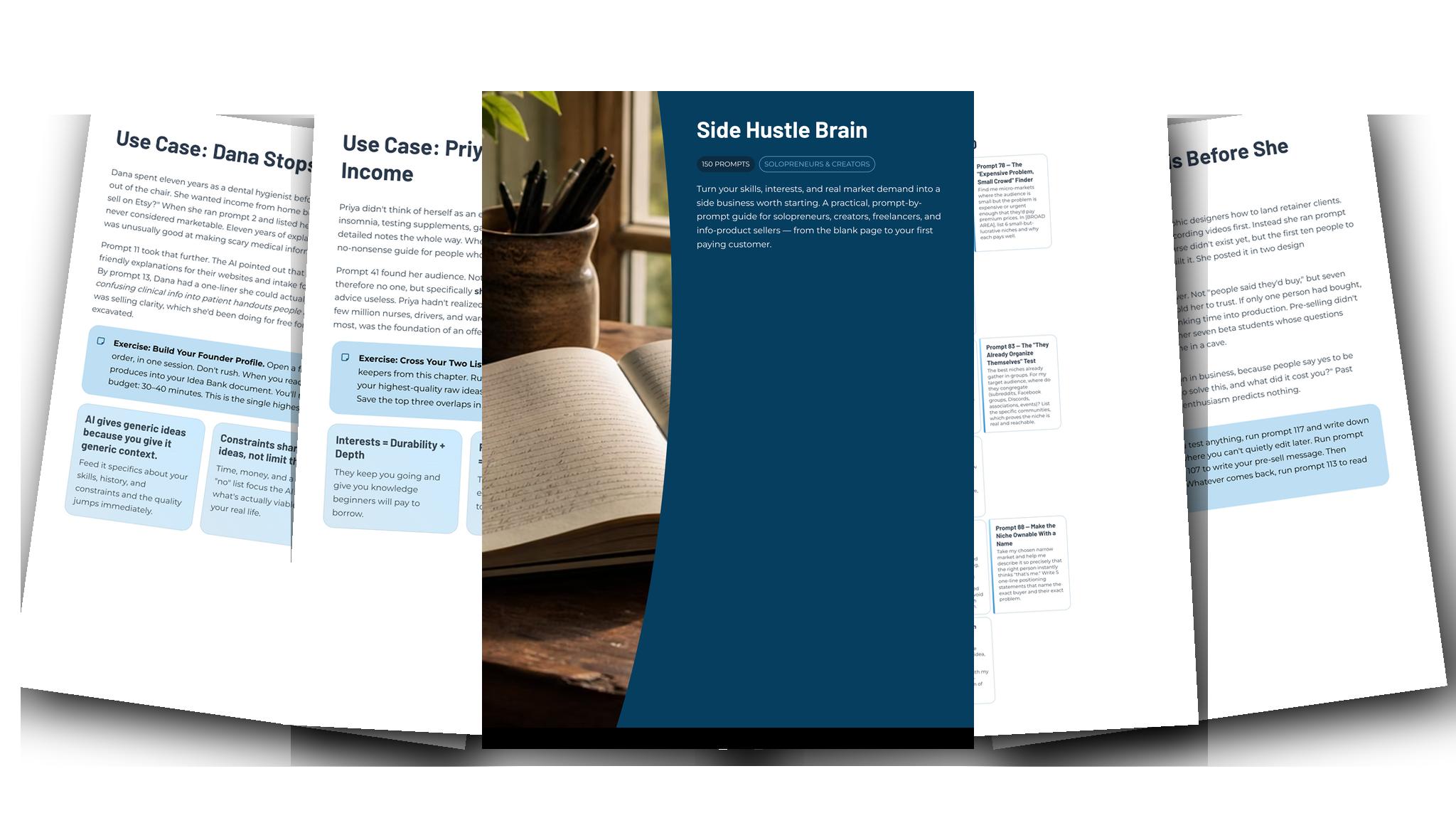 Side Hustle Brain — The Flagship Guide & Asset Library — Fanned slides (light)