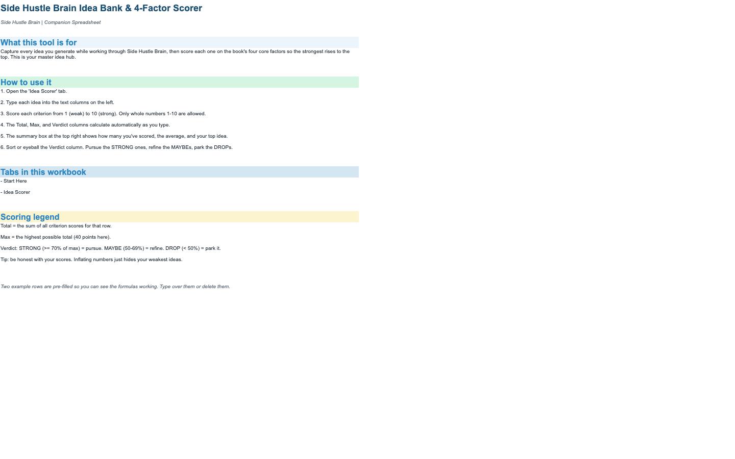 Side Hustle Brain — The Flagship Guide & Asset Library — Excel scorer 1