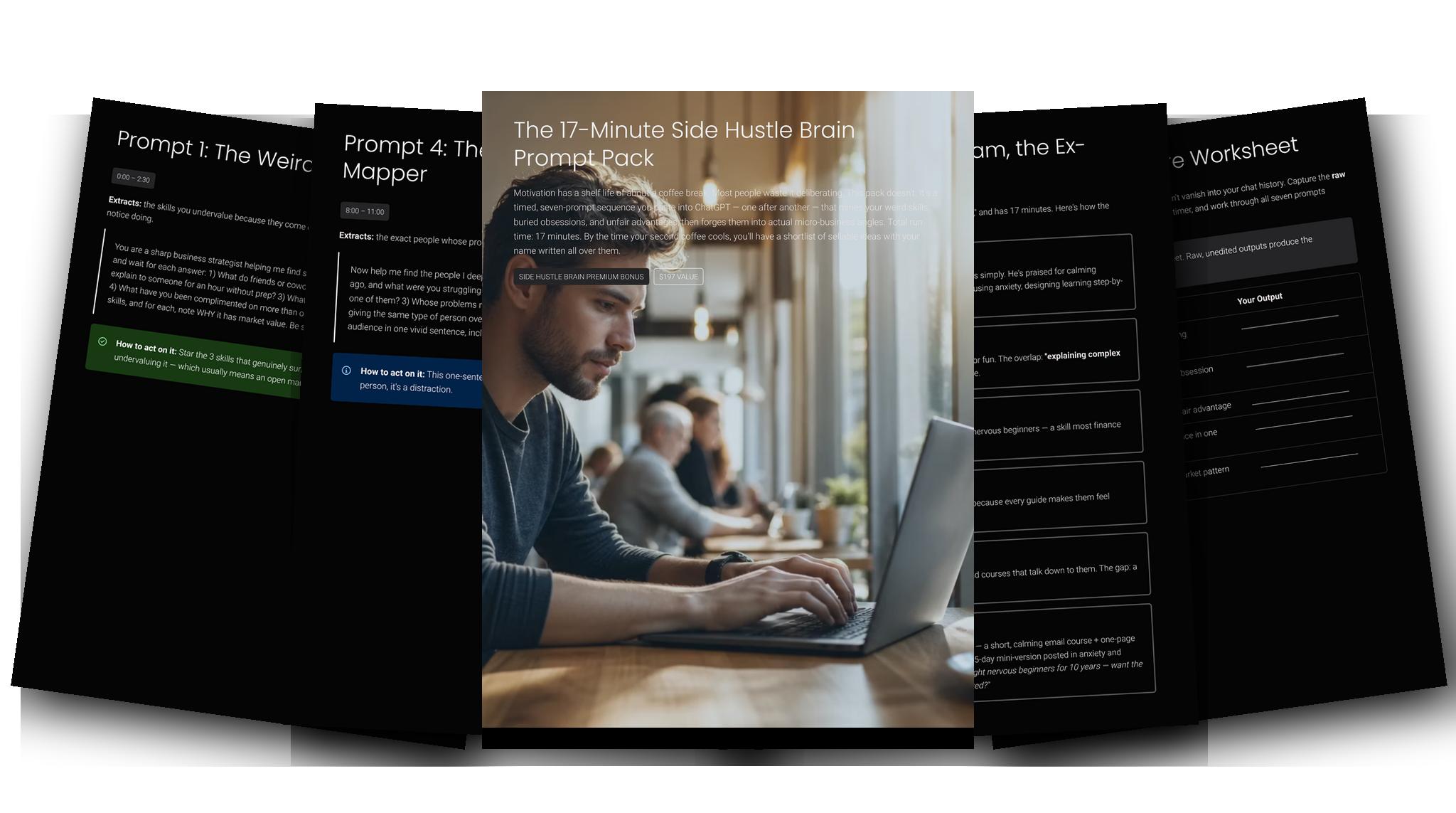 The 17-Minute Side Hustle Brain Prompt Pack — Fanned slides (dark)