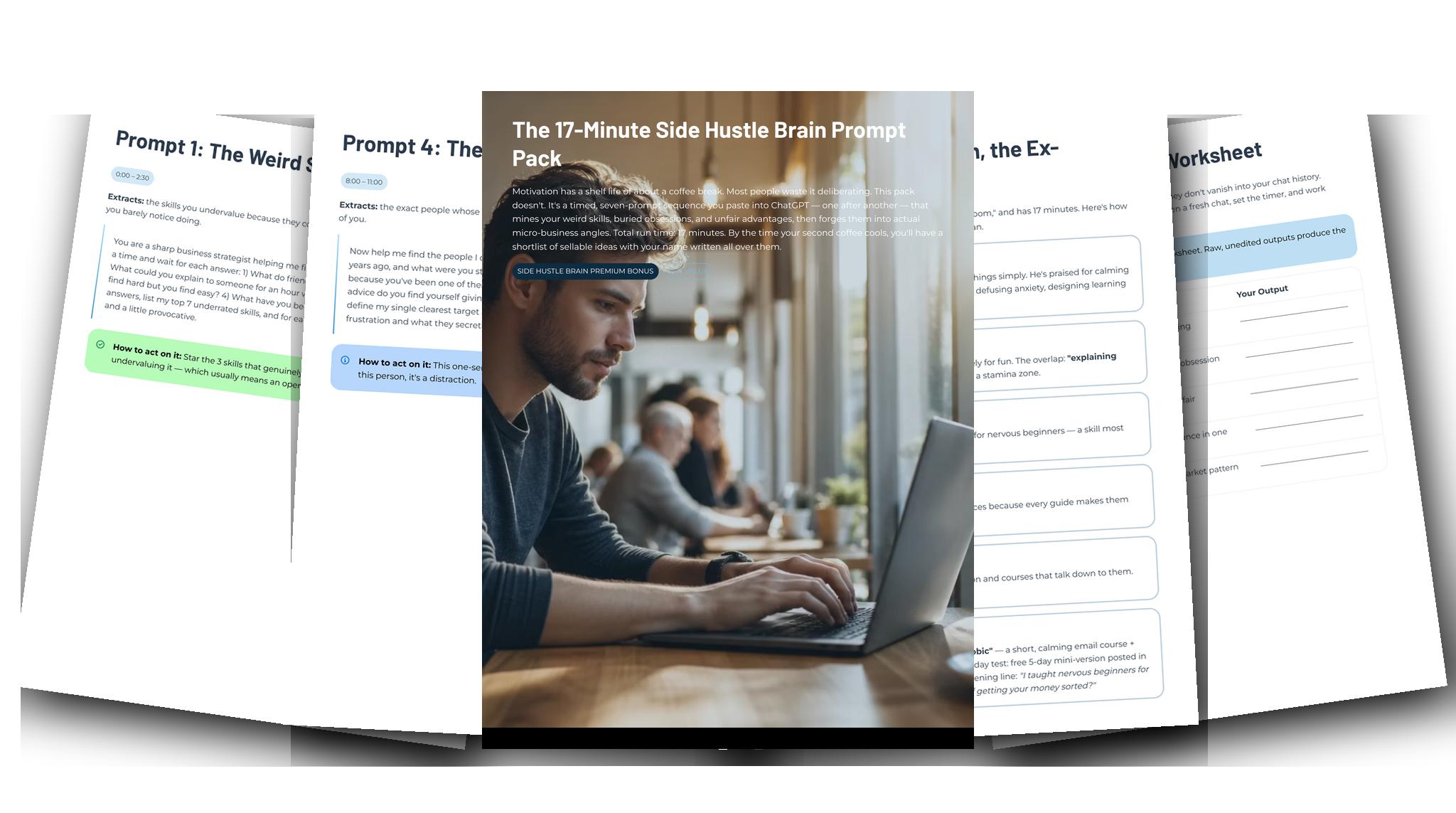 The 17-Minute Side Hustle Brain Prompt Pack — Fanned slides (light)
