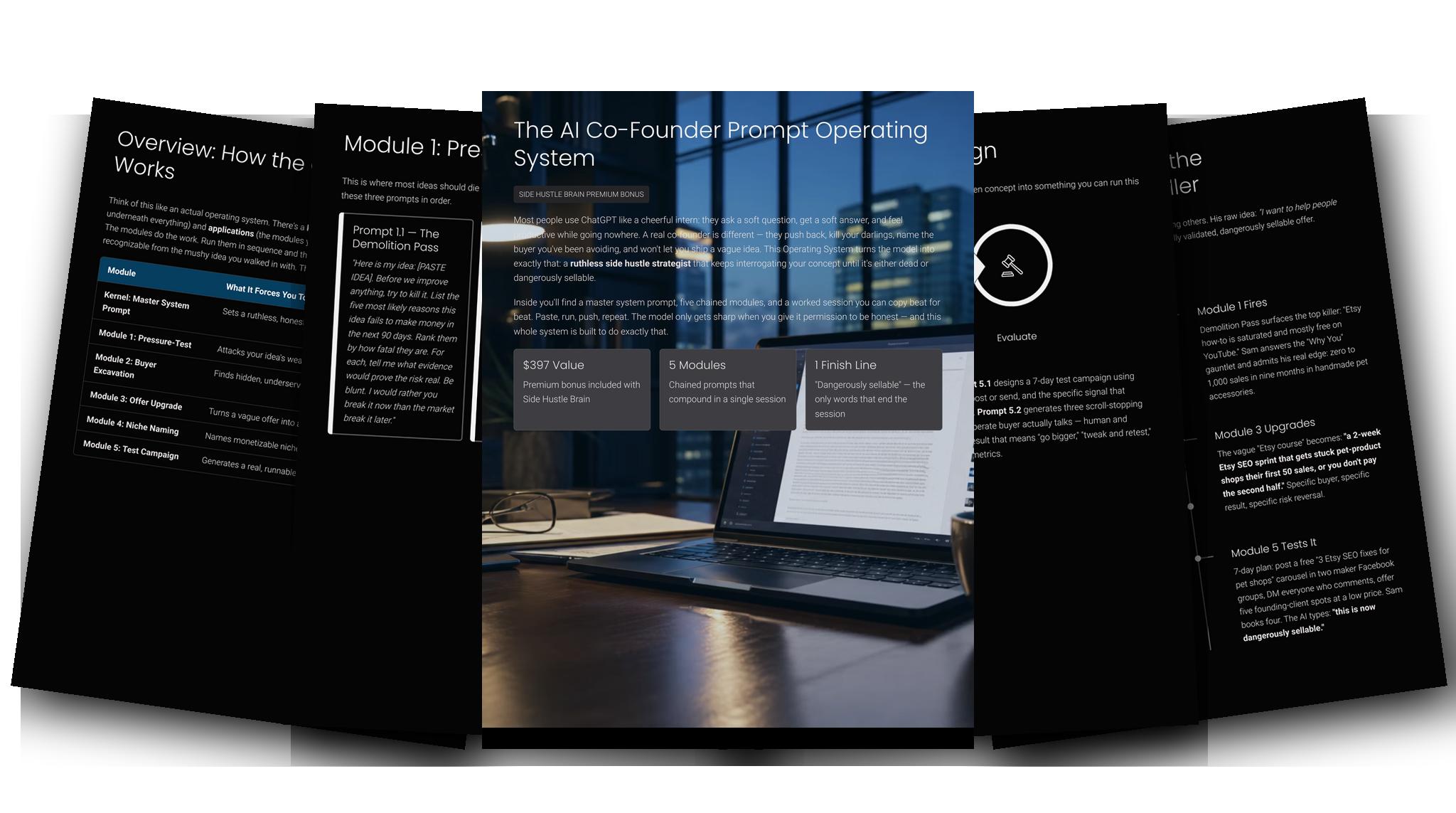 The AI Co-Founder Prompt Operating System — Fanned slides (dark)