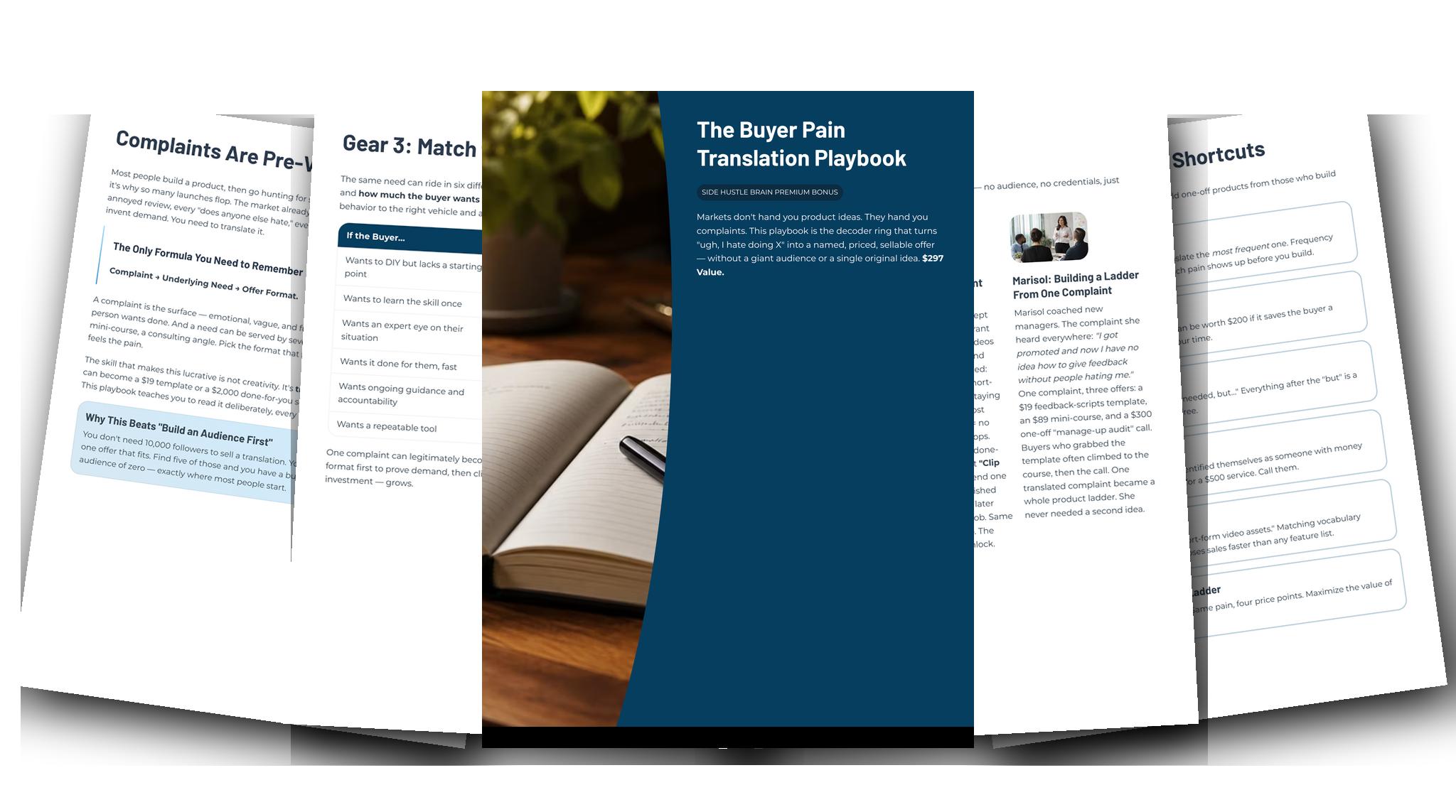 The Buyer Pain Translation Playbook — Fanned slides (light)