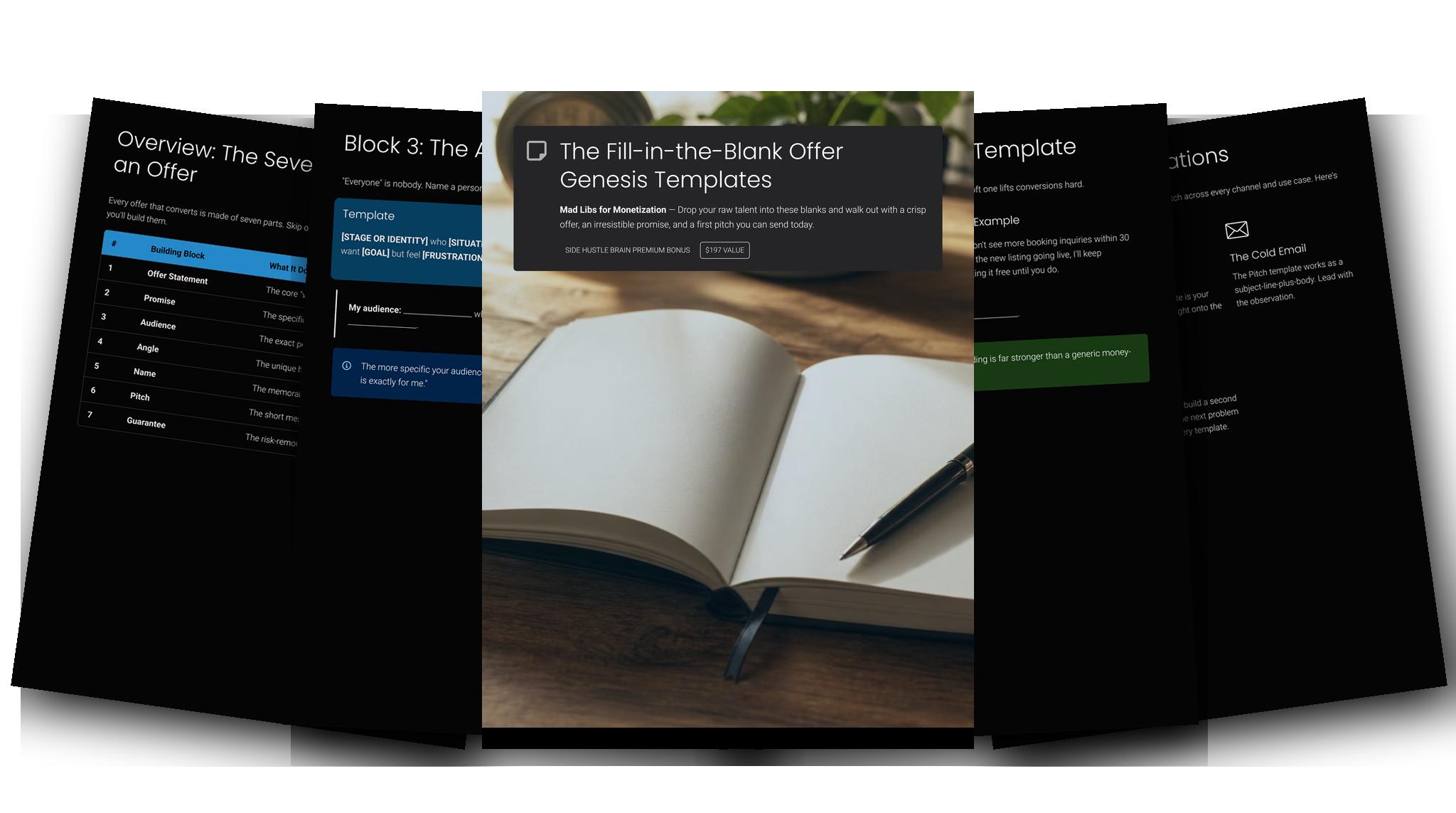 The Fill-in-the-Blank Offer Genesis Templates — Fanned slides (dark)