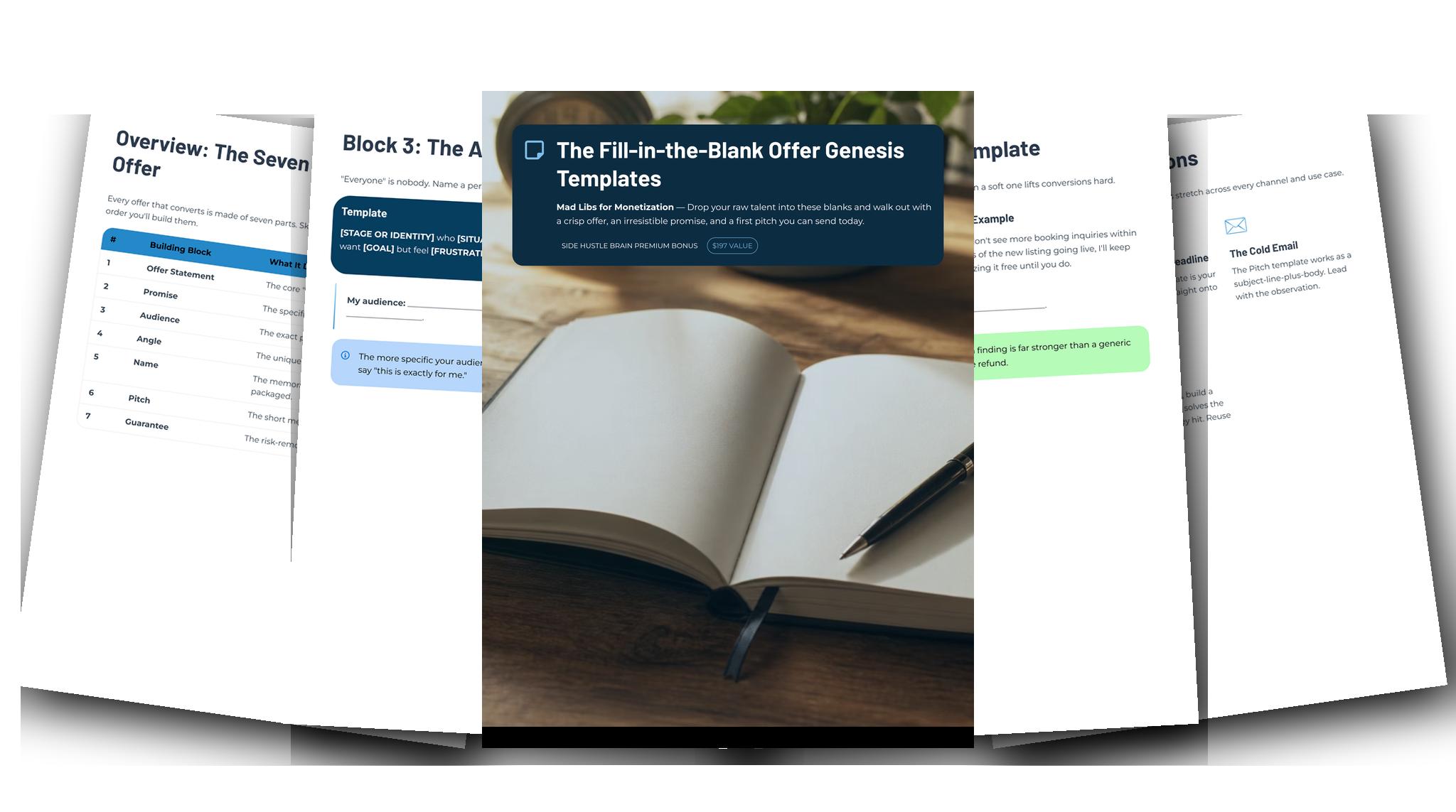 The Fill-in-the-Blank Offer Genesis Templates — Fanned slides (light)