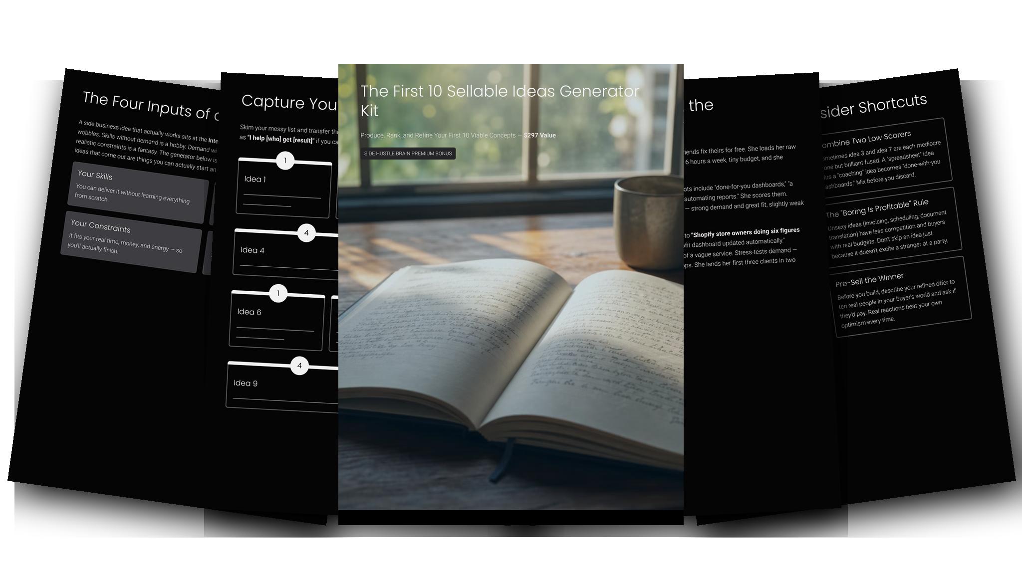 The First 10 Sellable Ideas Generator Kit — Fanned slides (dark)