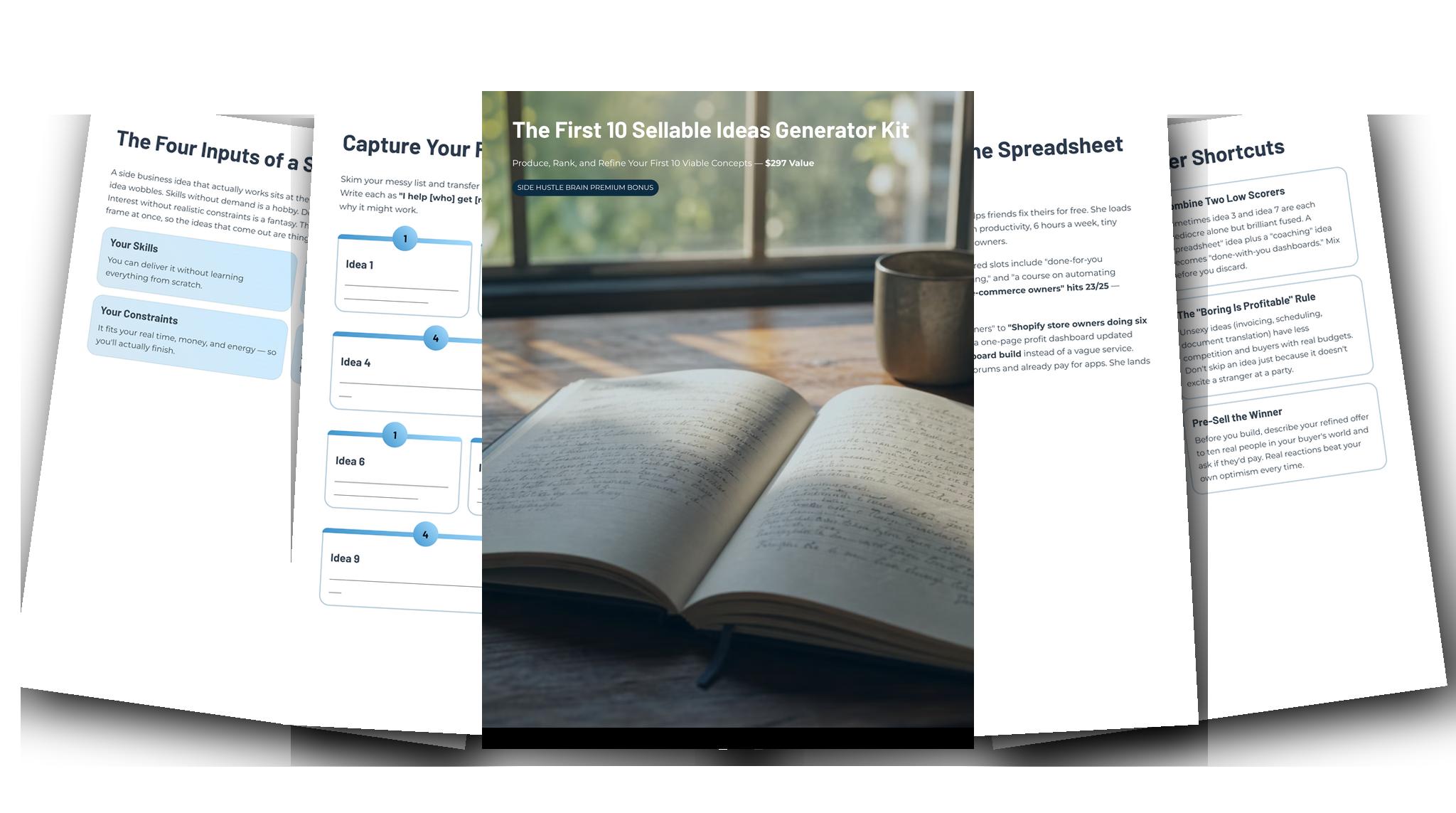 The First 10 Sellable Ideas Generator Kit — Fanned slides (light)
