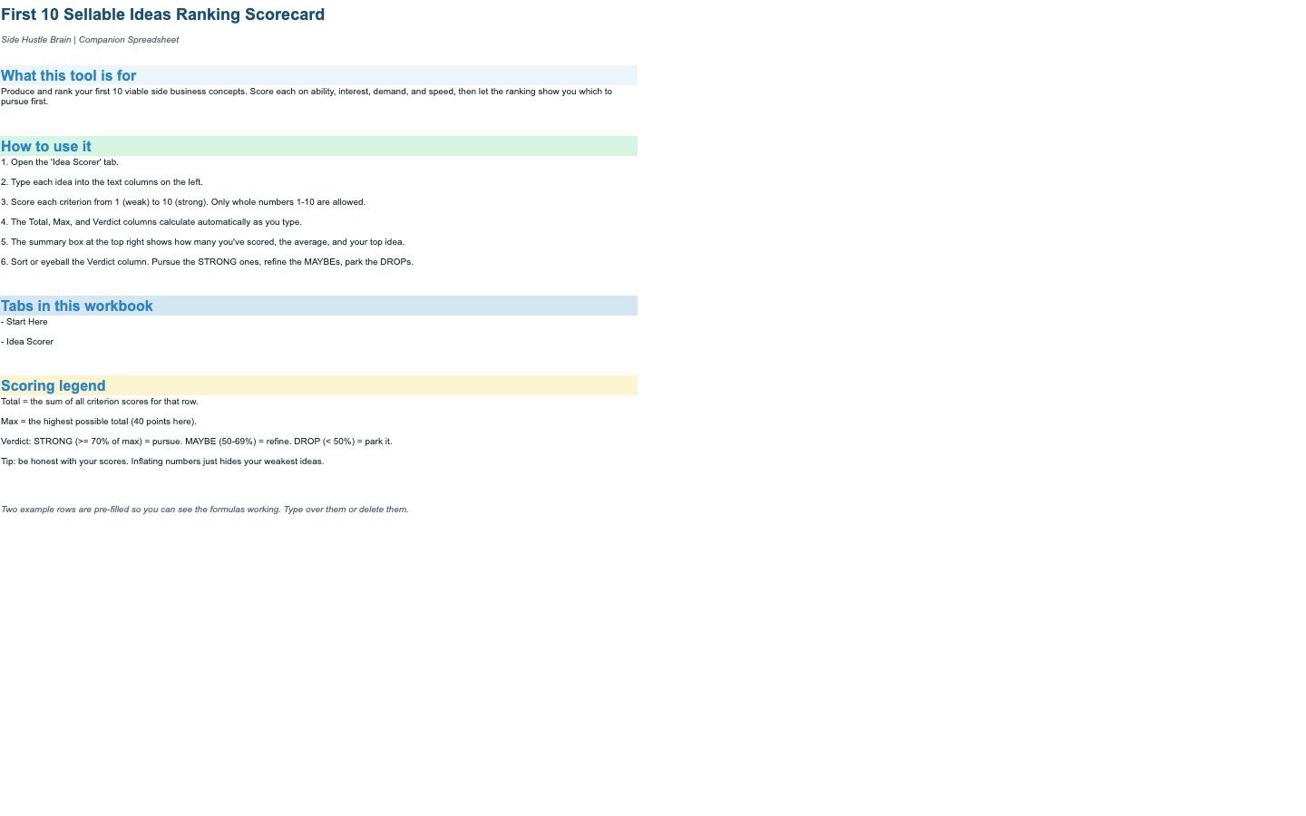 The First 10 Sellable Ideas Generator Kit — Excel scorer 1