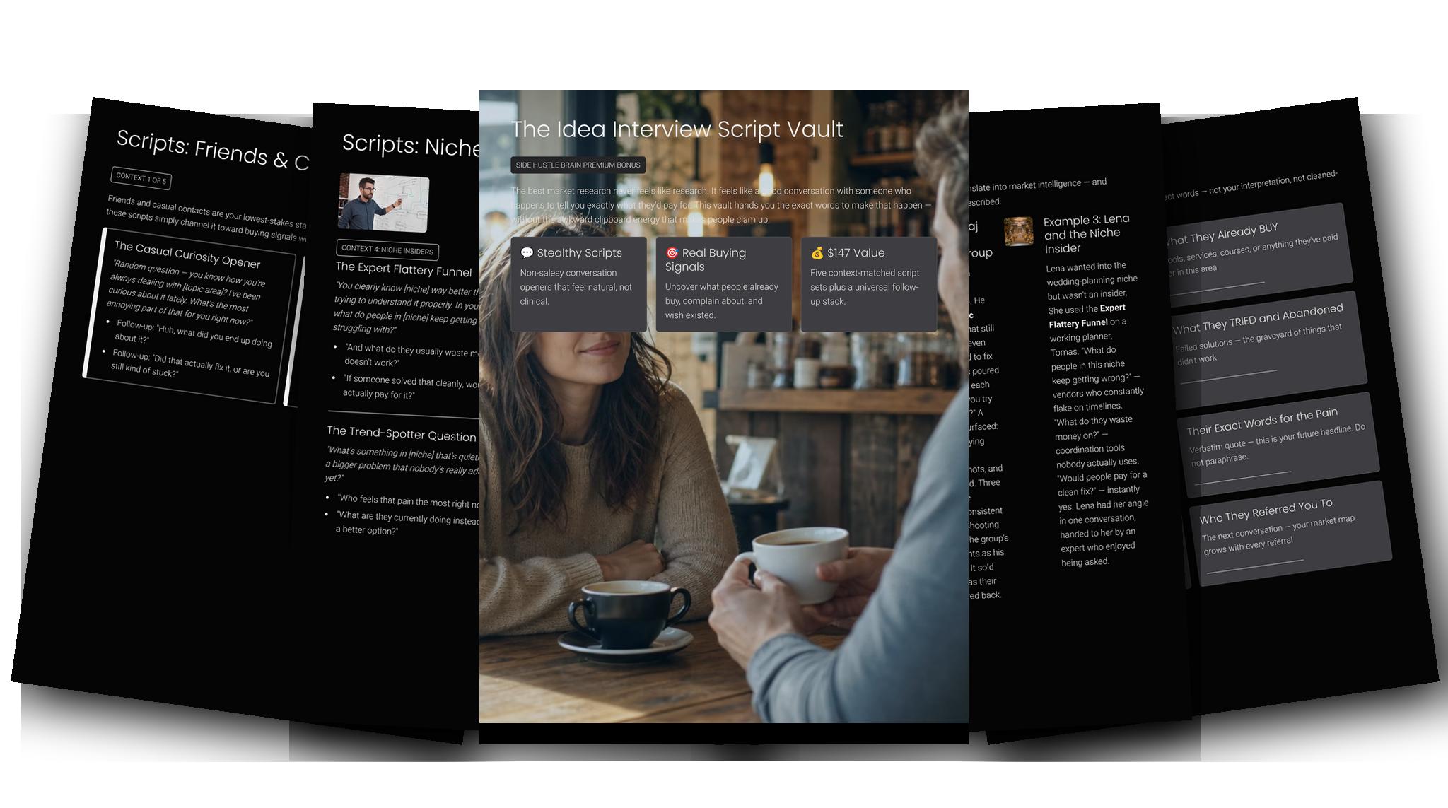 The Idea Interview Script Vault — Fanned slides (dark)