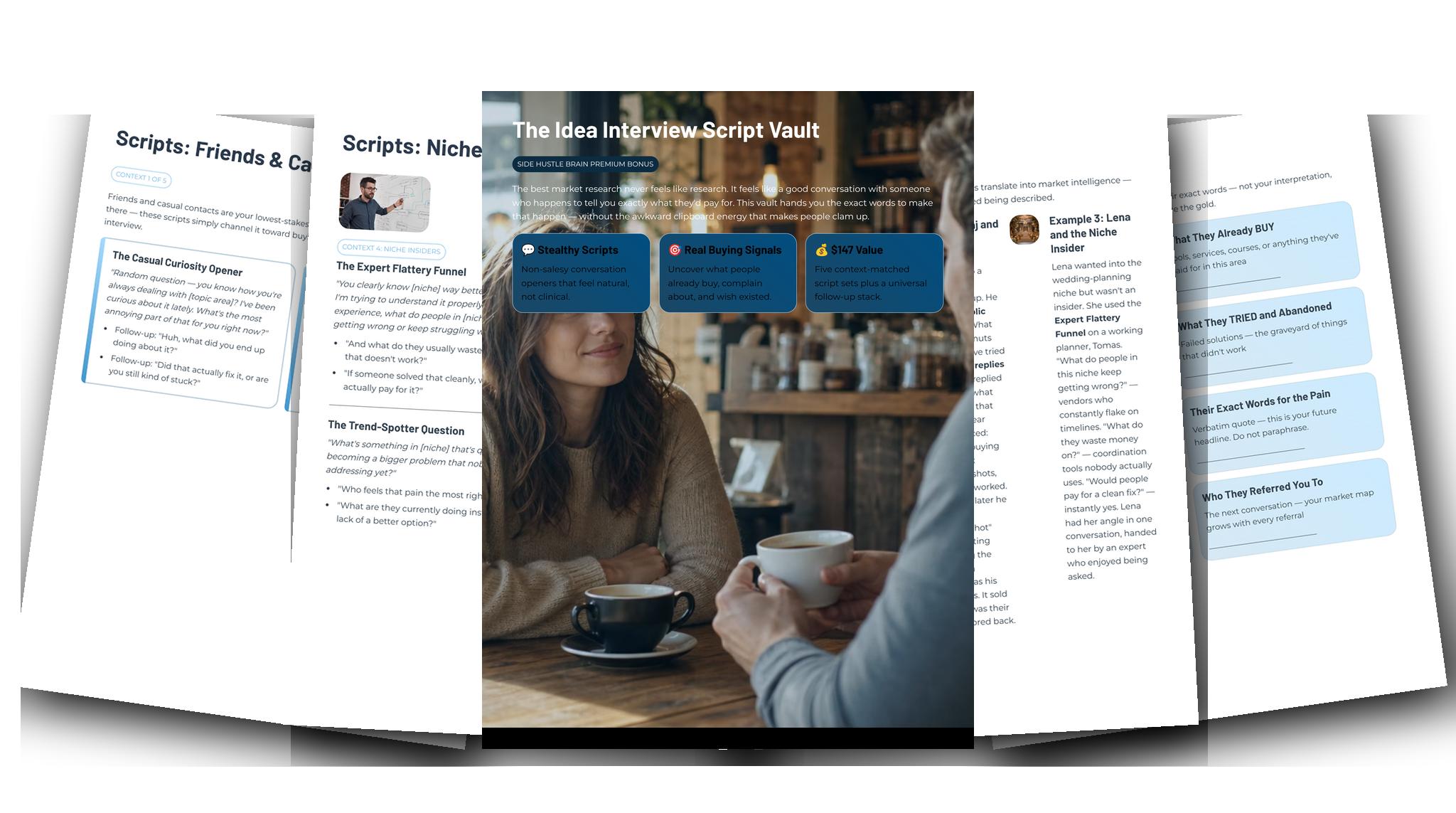 The Idea Interview Script Vault — Fanned slides (light)