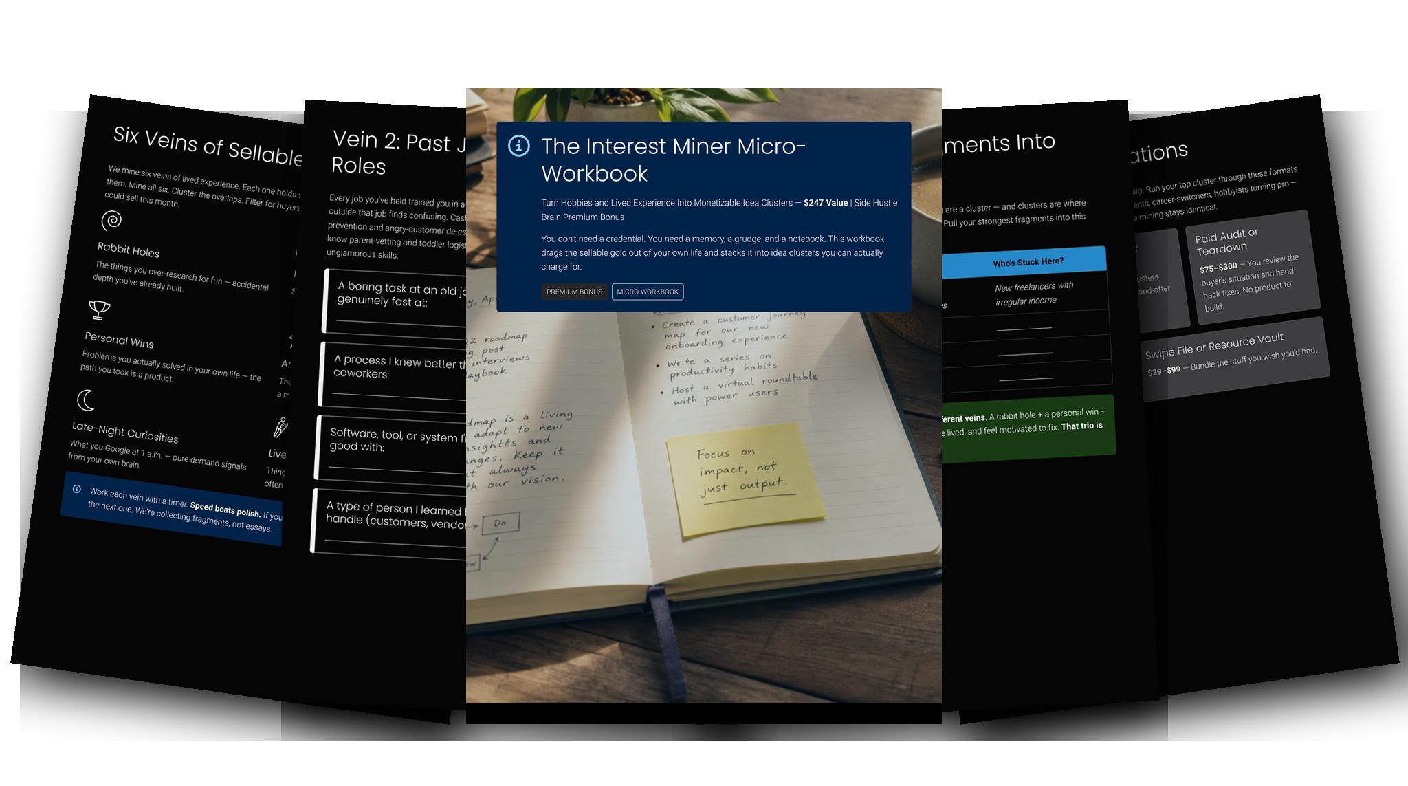 The Interest Miner Micro-Workbook — Fanned slides (dark)