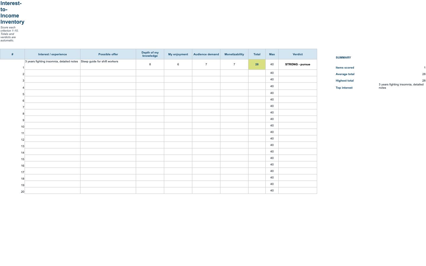 The Interest Miner Micro-Workbook — Excel scorer 2
