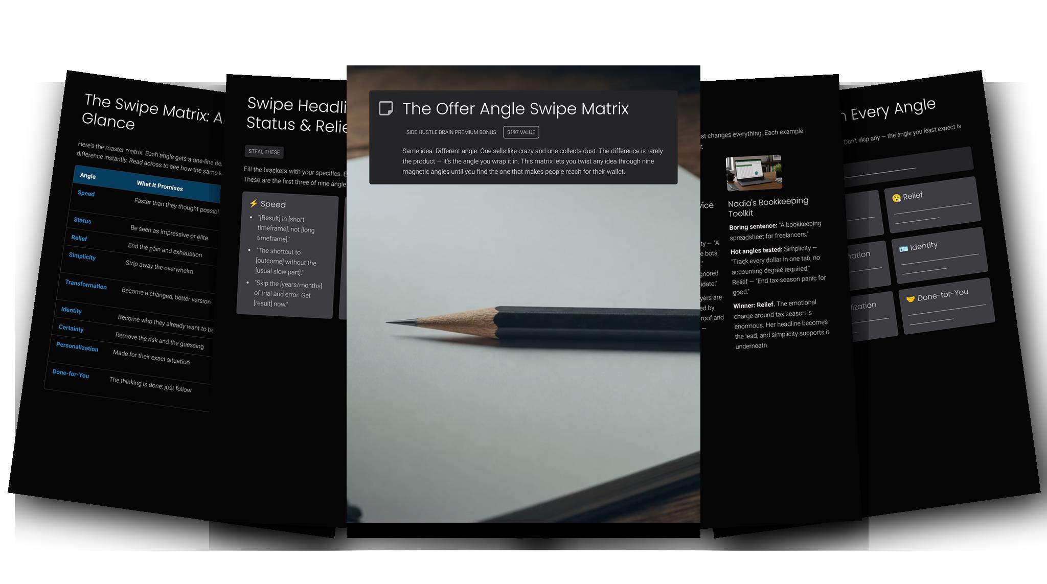 The Offer Angle Swipe Matrix — Fanned slides (dark)