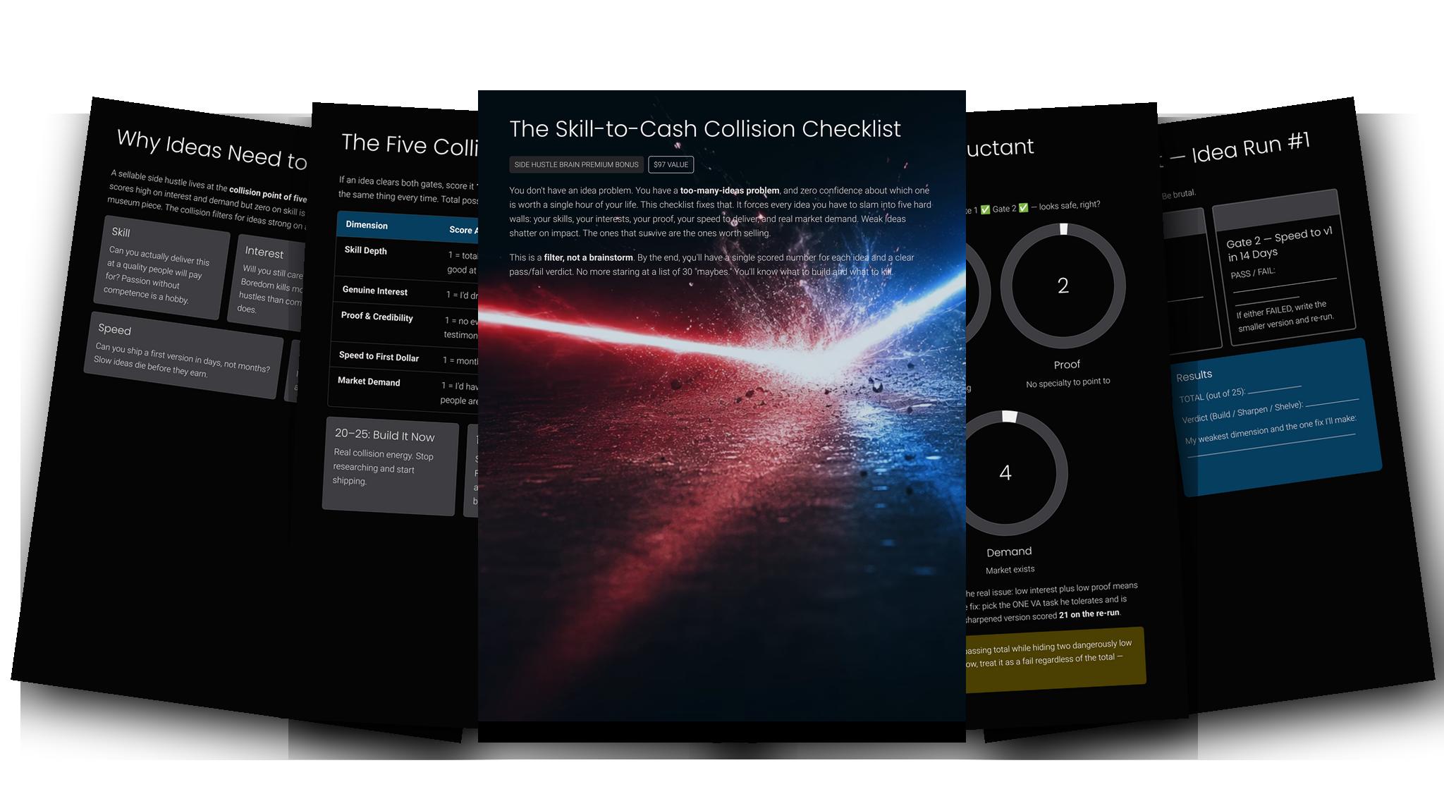 The Skill-to-Cash Collision Checklist — Fanned slides (dark)