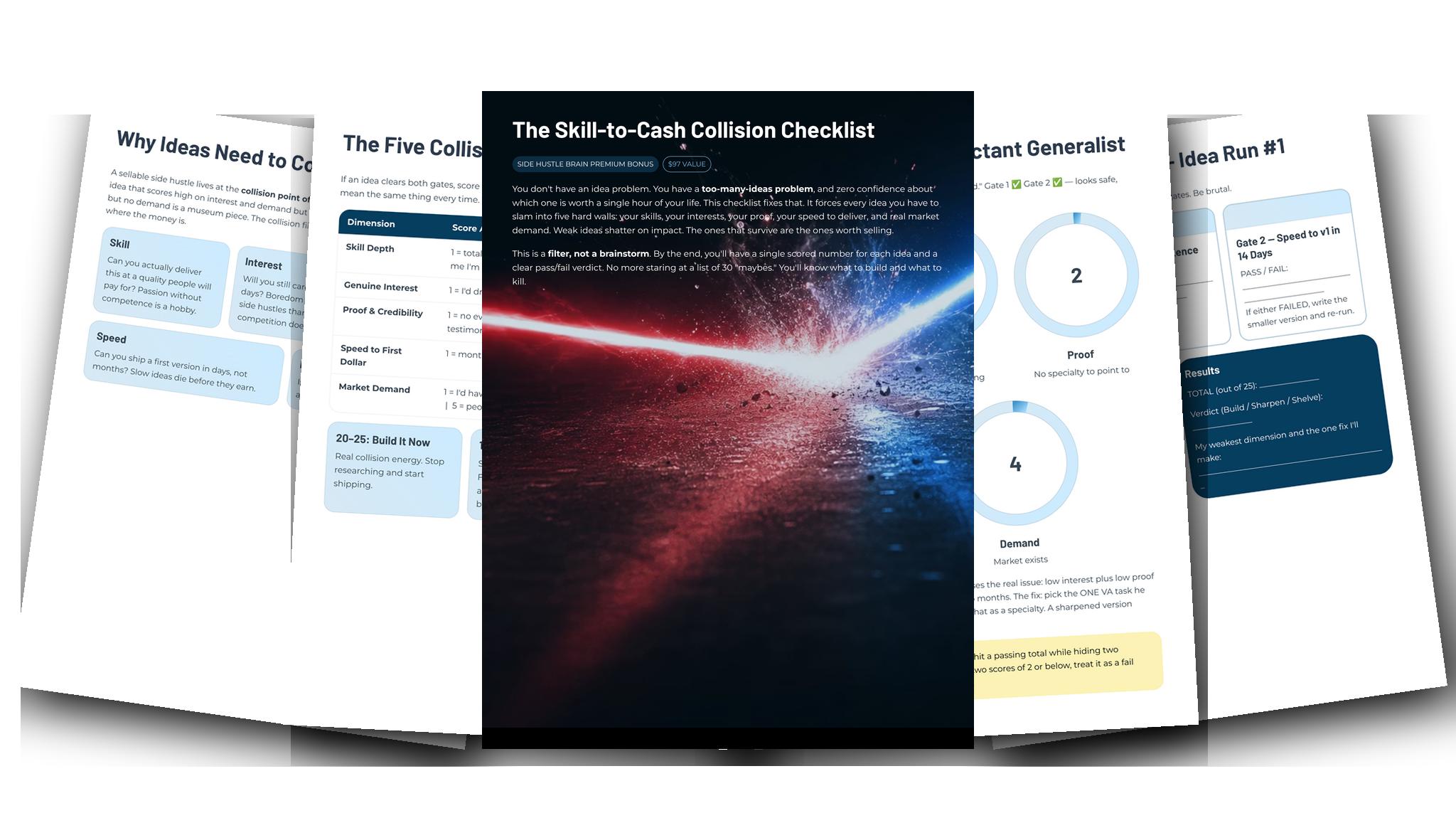 The Skill-to-Cash Collision Checklist — Fanned slides (light)