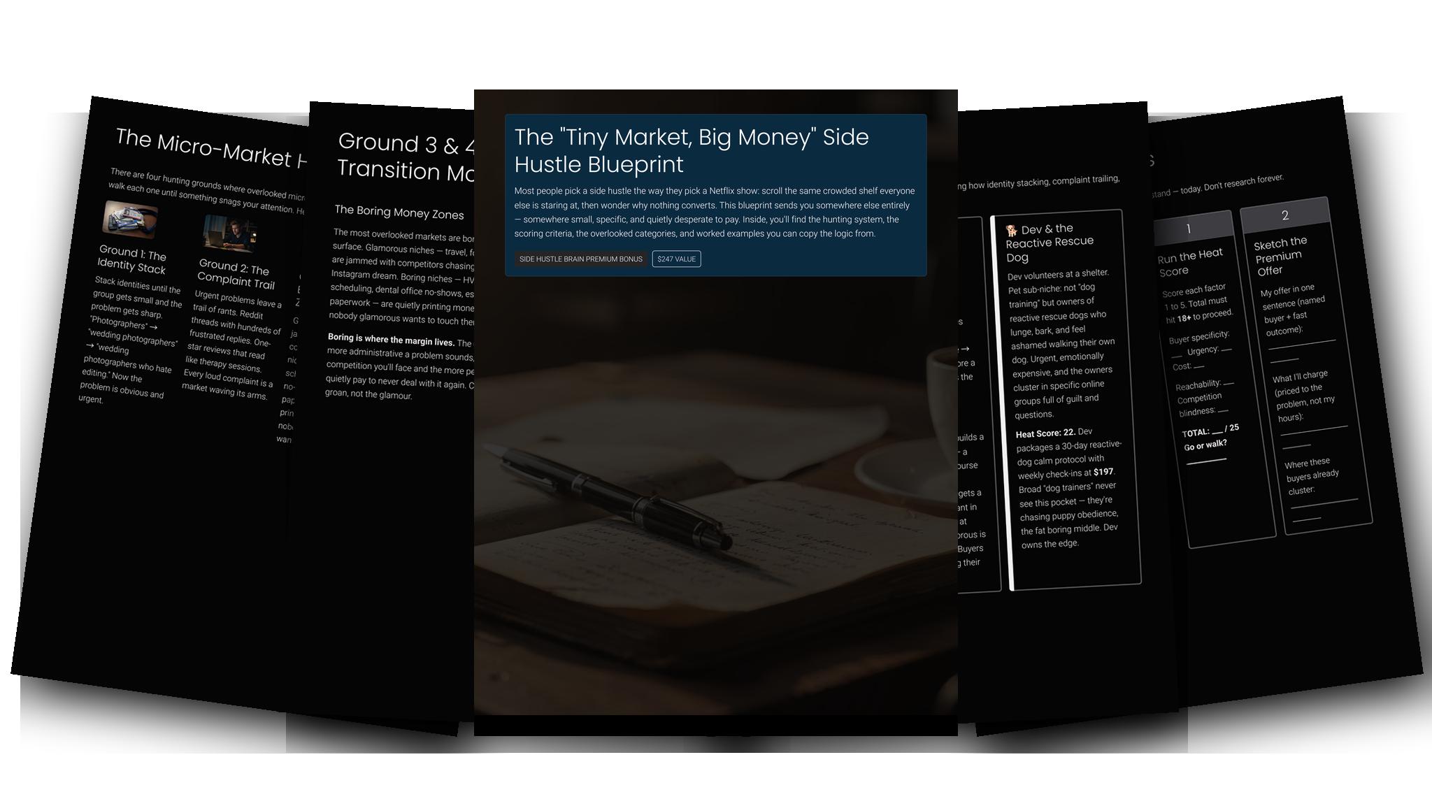 The “Tiny Market, Big Money” Side Hustle Blueprint — Fanned slides (dark)