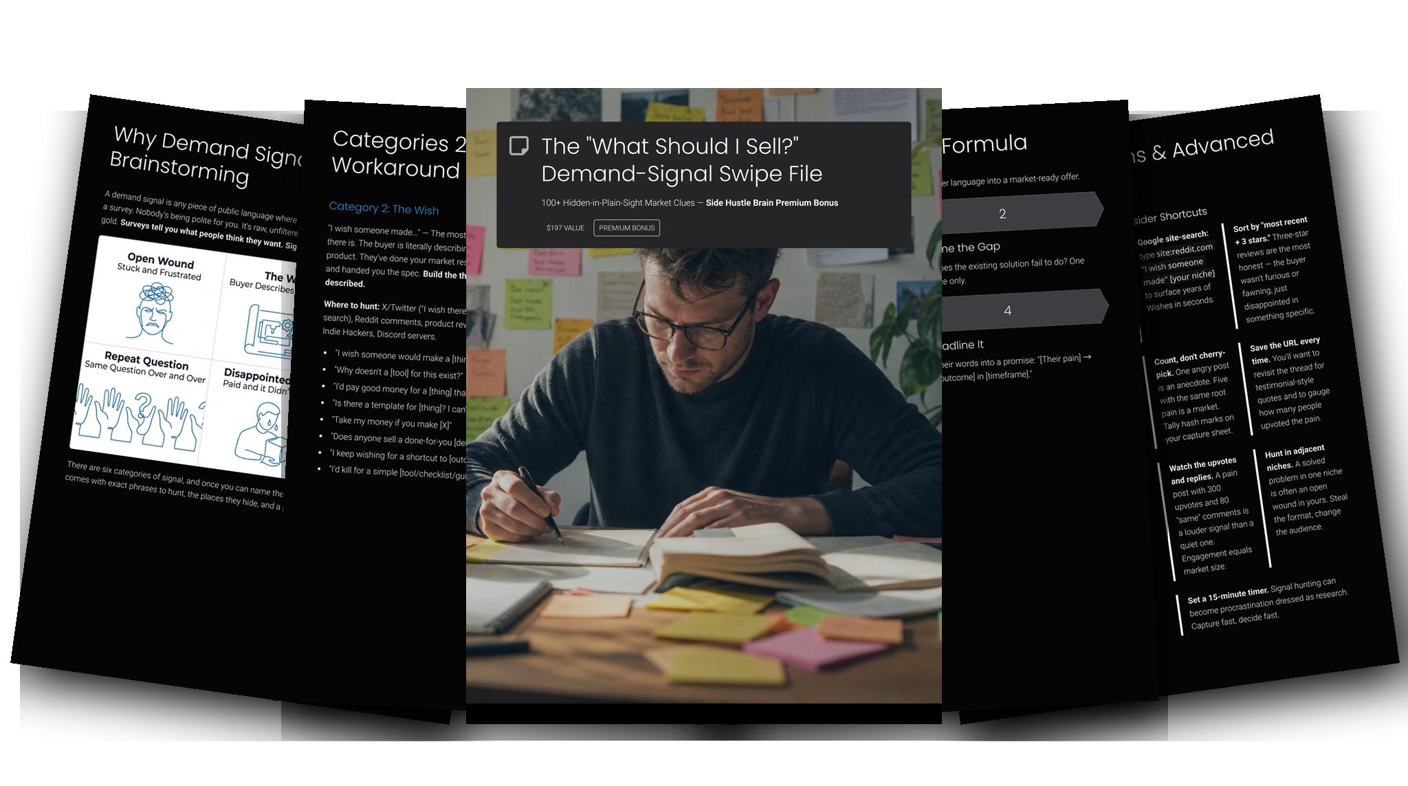 The “What Should I Sell?” Demand-Signal Swipe File — Fanned slides (dark)