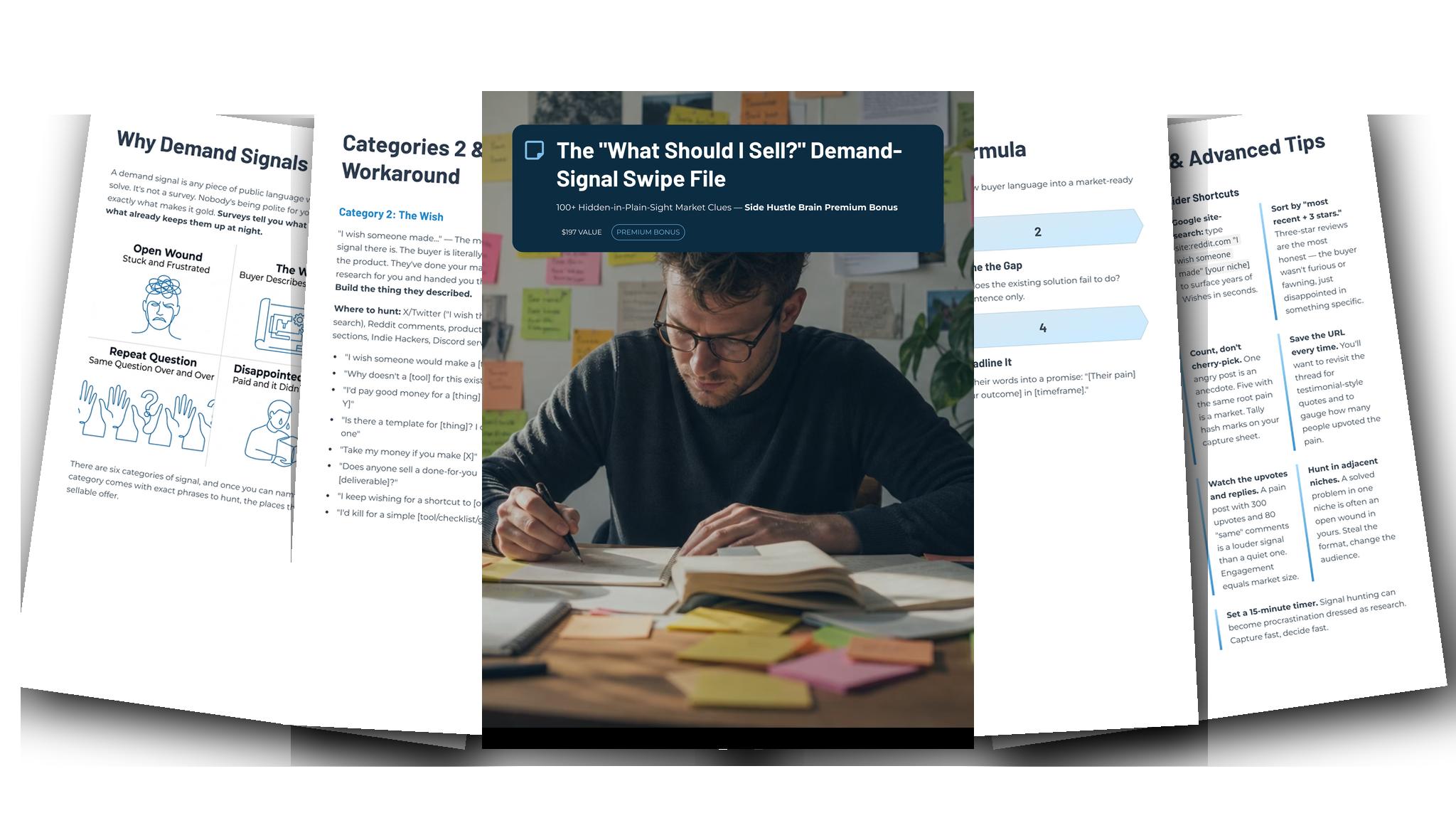 The “What Should I Sell?” Demand-Signal Swipe File — Fanned slides (light)