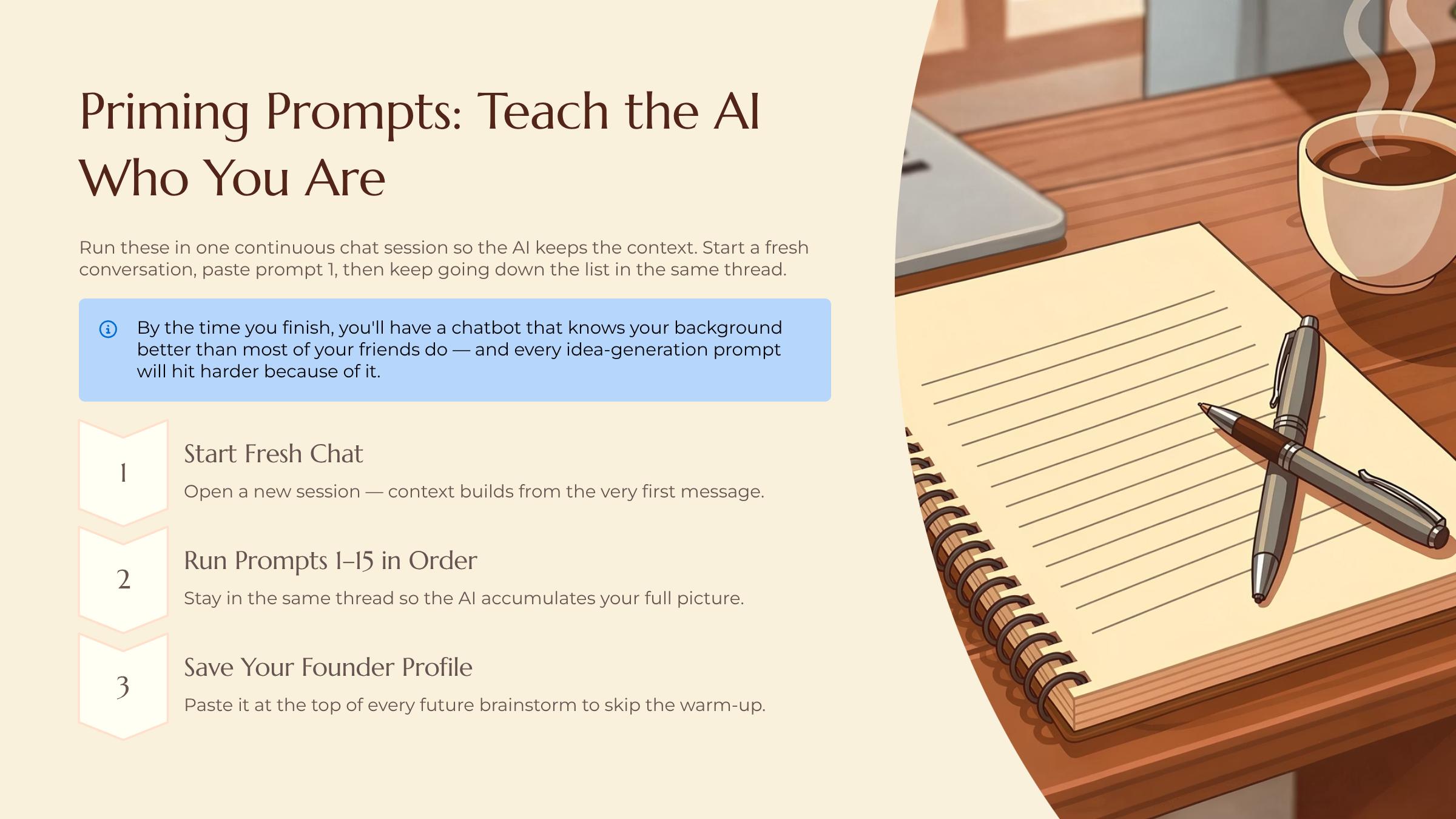 How to Make AI Your Idea Machine slide — Priming Prompts Teach the AI Who You Are