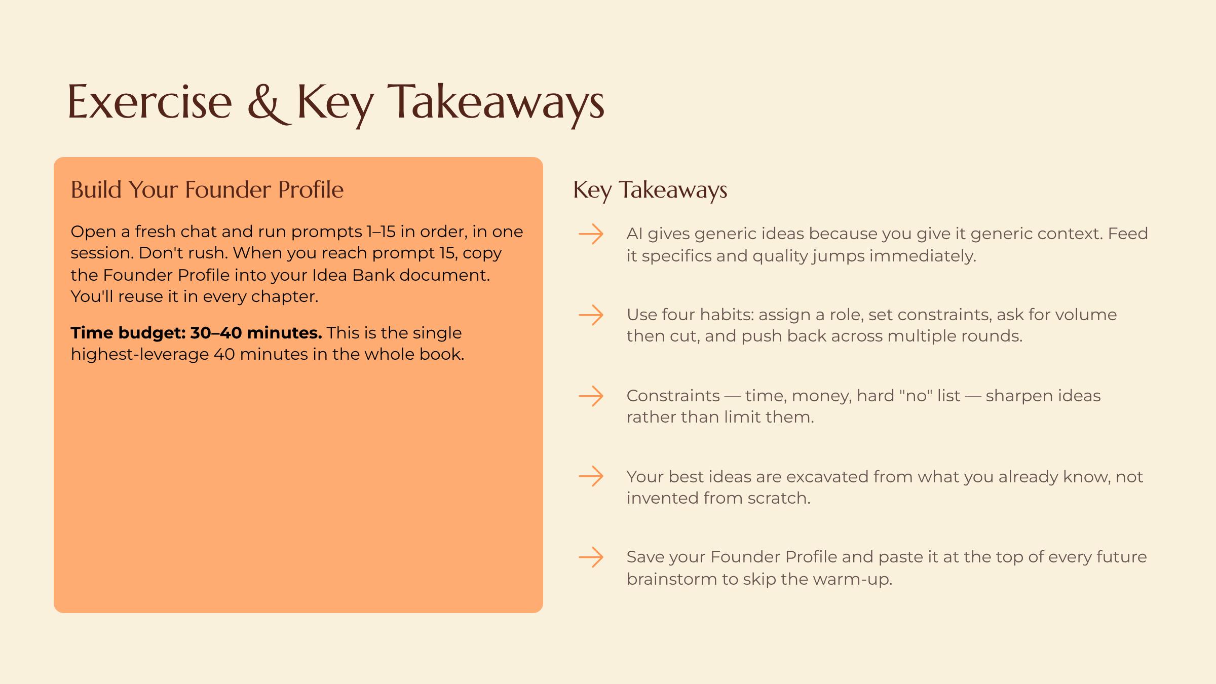 How to Make AI Your Idea Machine slide — Exercise and Key Takeaways