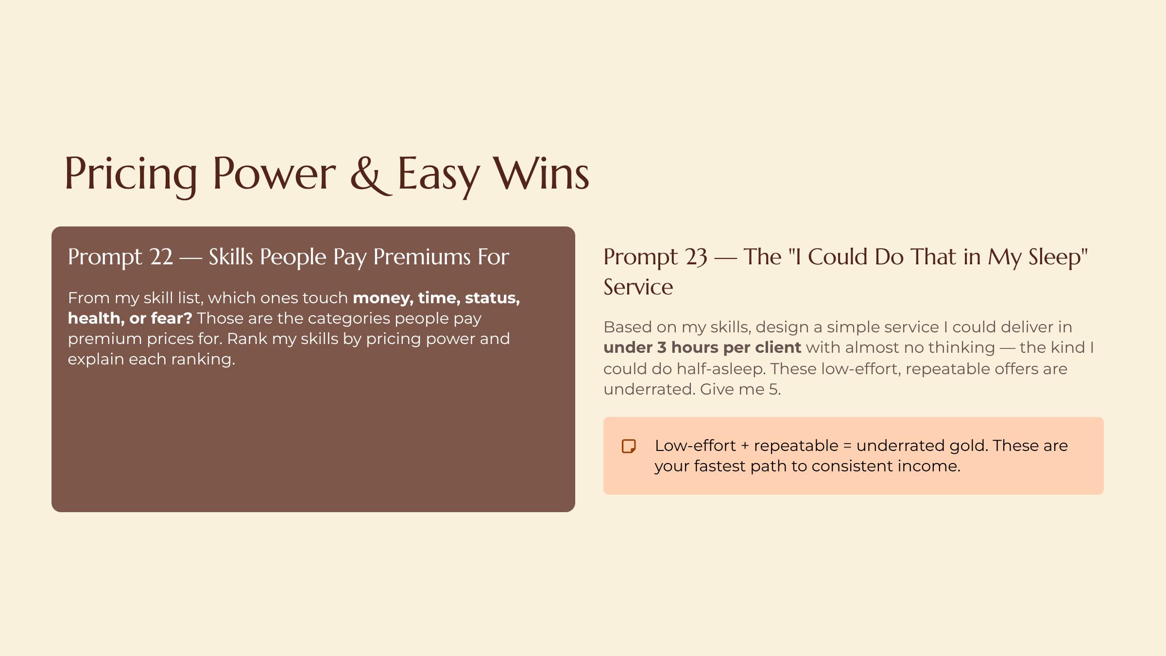Mining Your Skills for Hidden Money slide — Pricing Power and Easy Wins