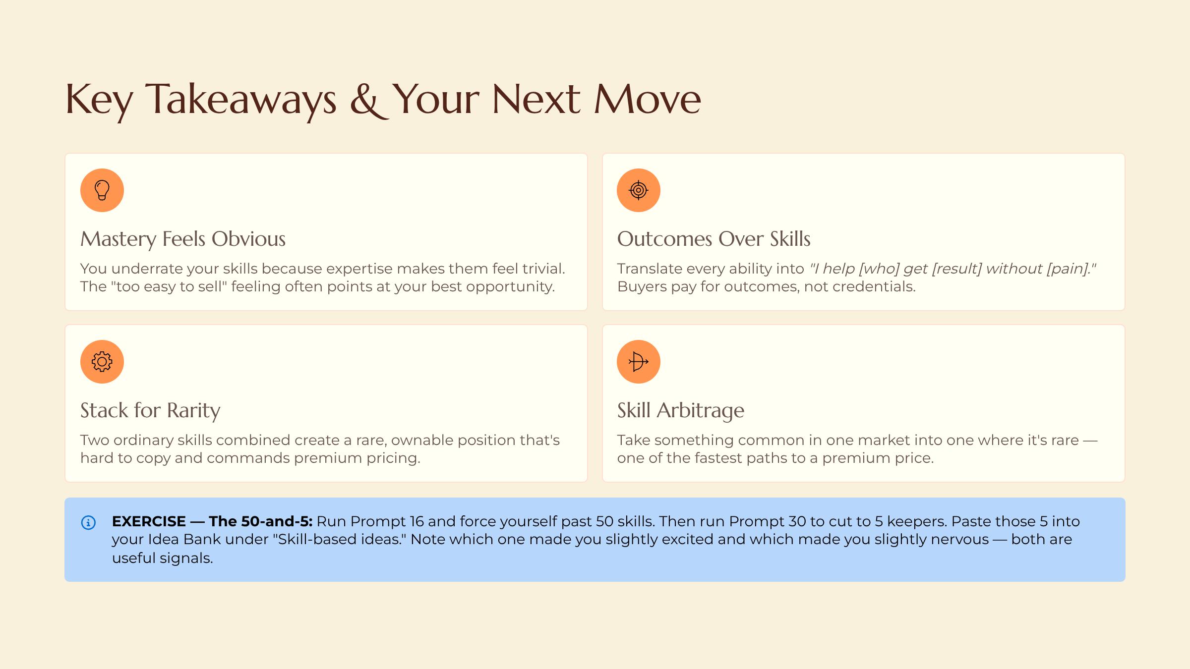 Mining Your Skills for Hidden Money slide — Key Takeaways and Your Next Move