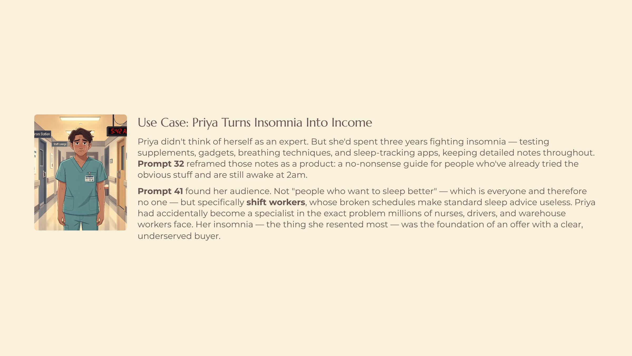 Turning Interests and Obsessions Into Angles slide — Use Case Priya Turns Insomnia Into Income
