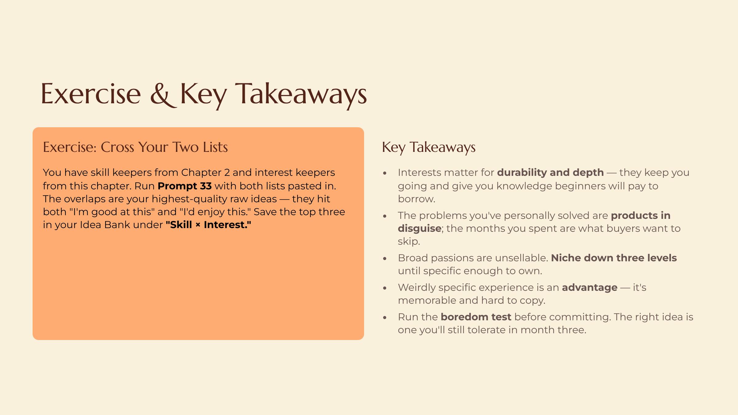Turning Interests and Obsessions Into Angles slide — Exercise and Key Takeaways