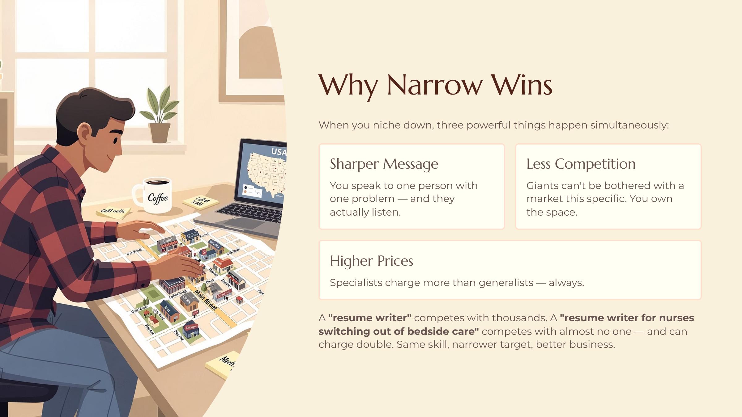 Finding the Tiny Market Nobody Else Sees slide — Why Narrow Wins
