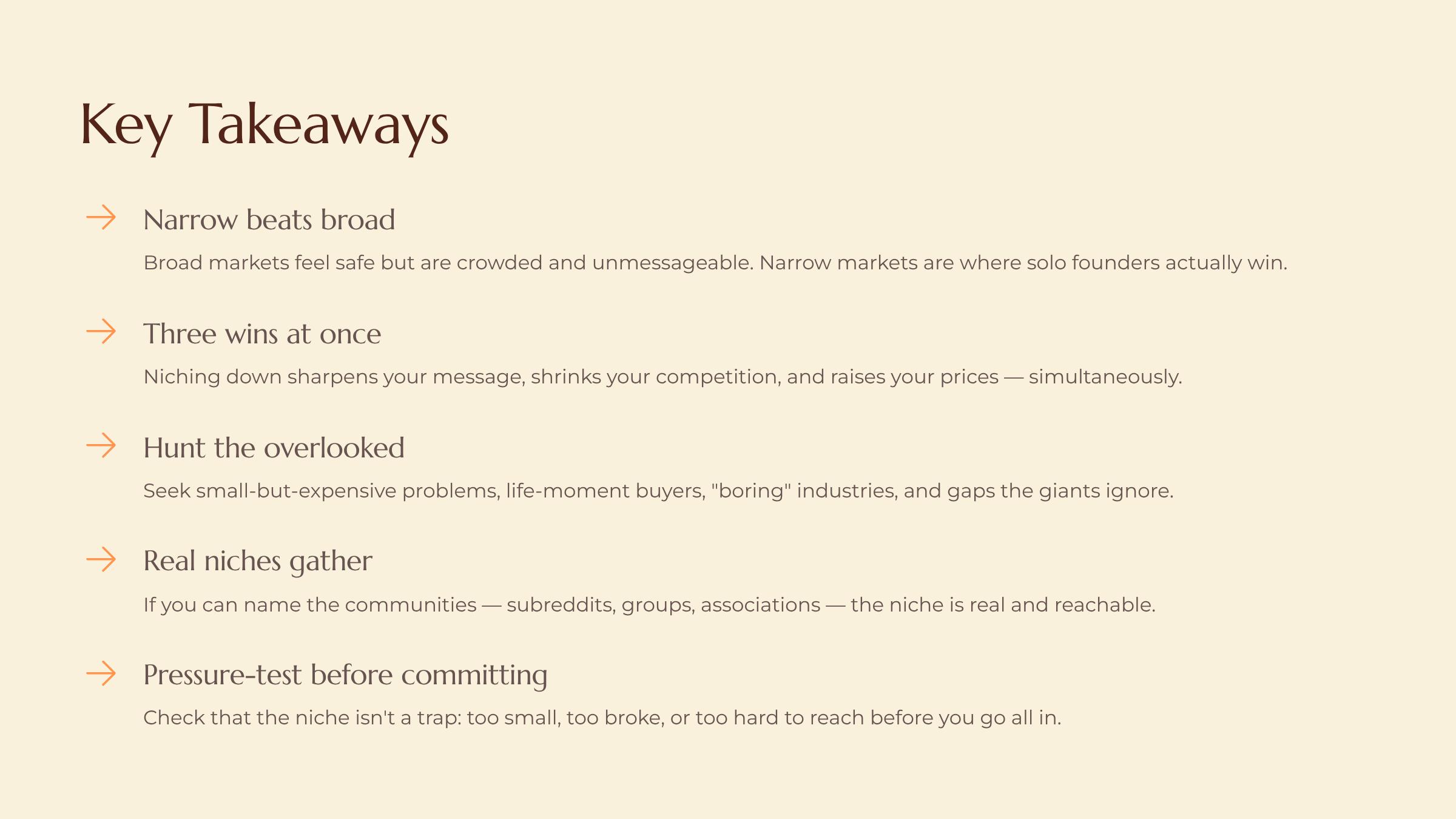 Finding the Tiny Market Nobody Else Sees slide — Key Takeaways