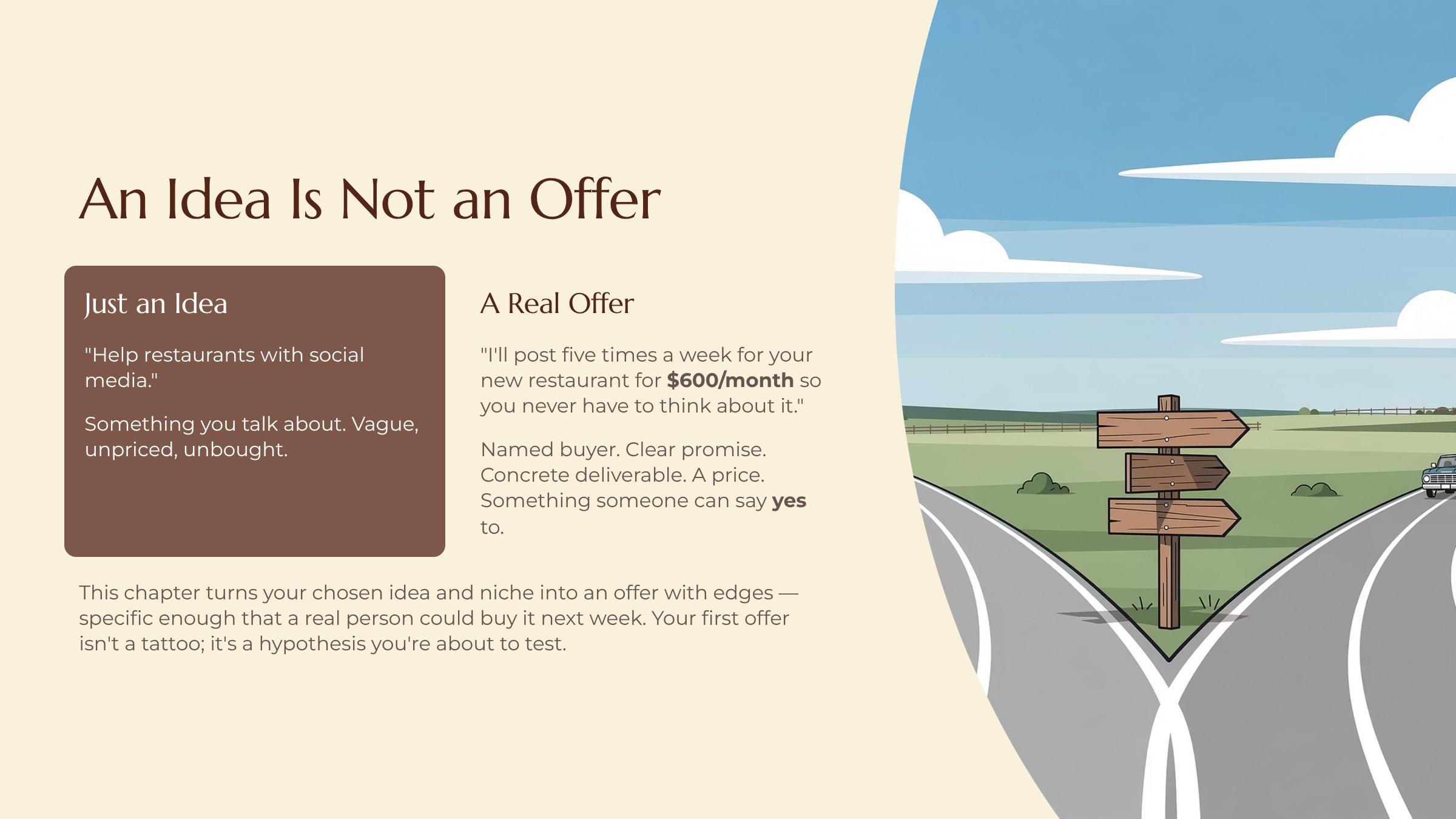 Shaping a Rough Idea Into a Real Offer slide — An Idea Is Not an Offer