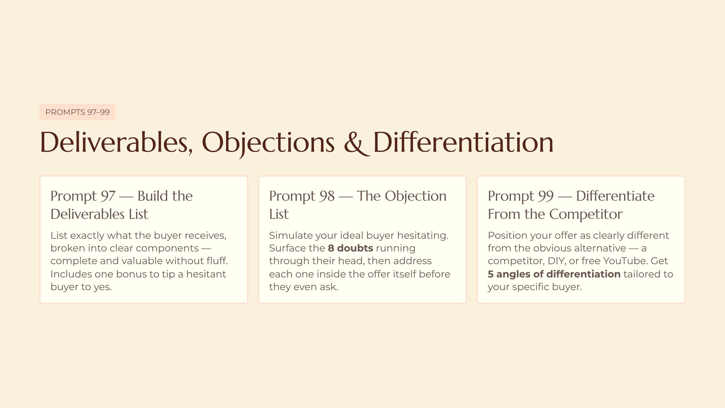 Shaping a Rough Idea Into a Real Offer slide — Deliverables Objections and Differentiation