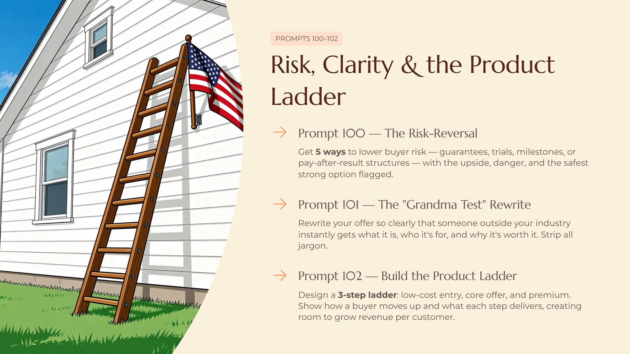 Shaping a Rough Idea Into a Real Offer slide — Risk Clarity and the Product Ladder