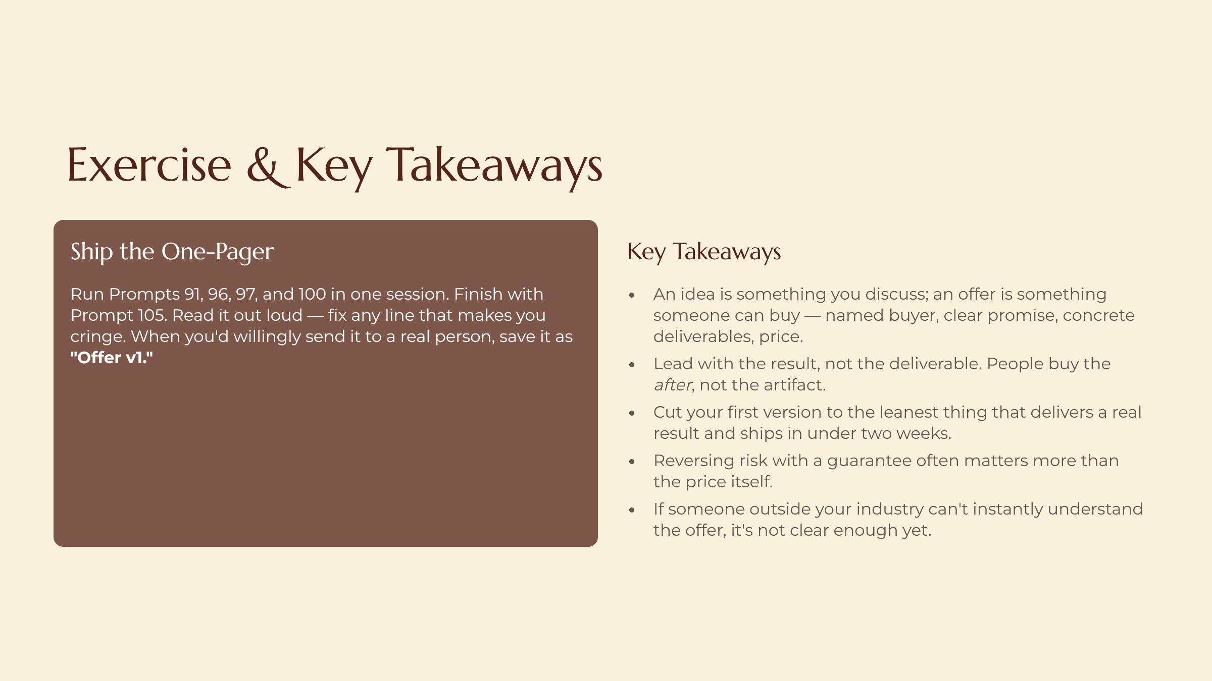 Shaping a Rough Idea Into a Real Offer slide — Exercise and Key Takeaways