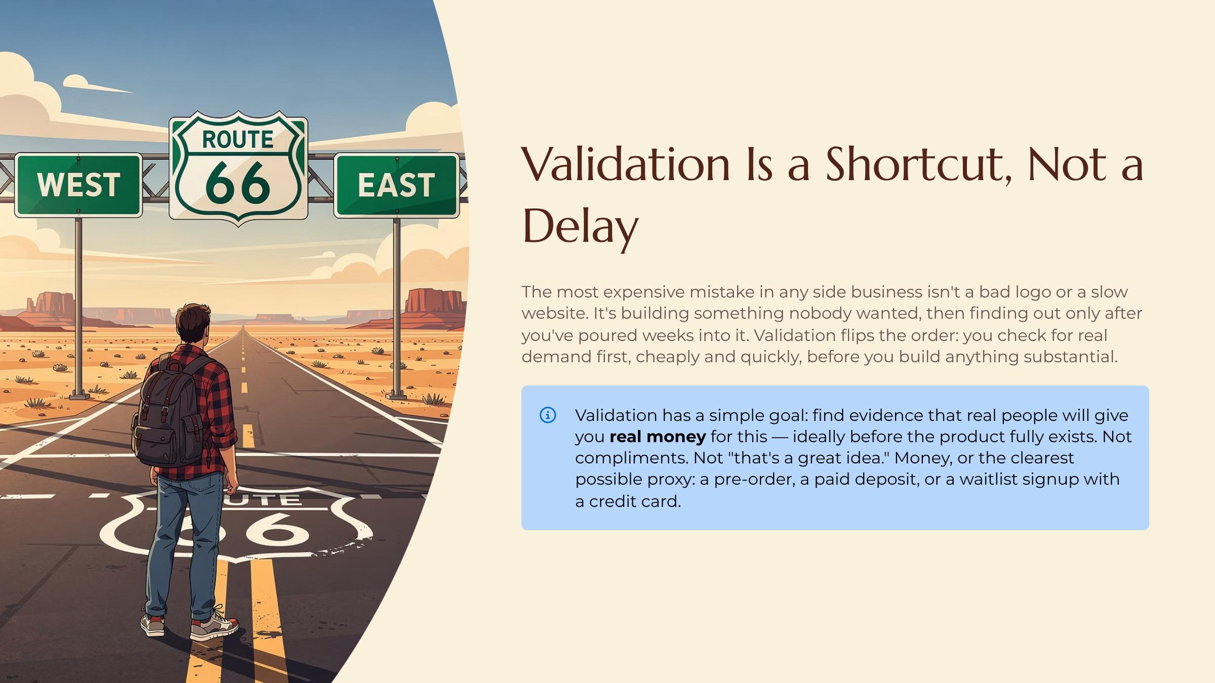 Pressure-Testing an Idea Before You Build It slide — Validation Is a Shortcut Not a Delay