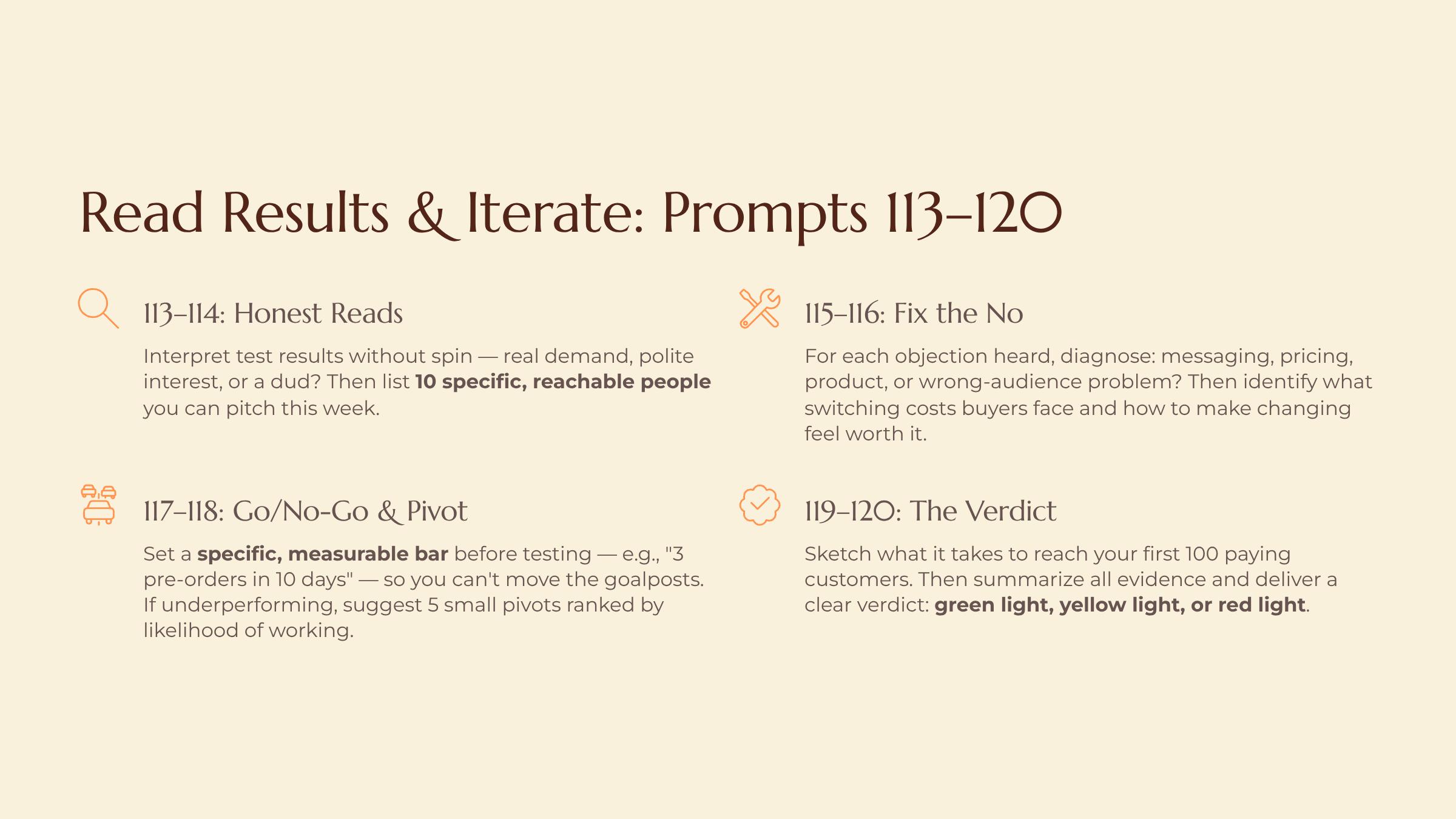 Pressure-Testing an Idea Before You Build It slide — Read Results and Iterate Prompts 113-120
