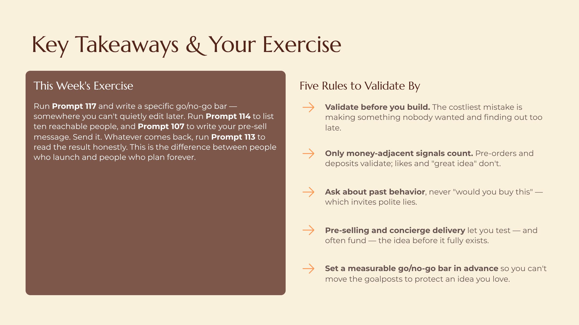 Pressure-Testing an Idea Before You Build It slide — Key Takeaways and Your Exercise