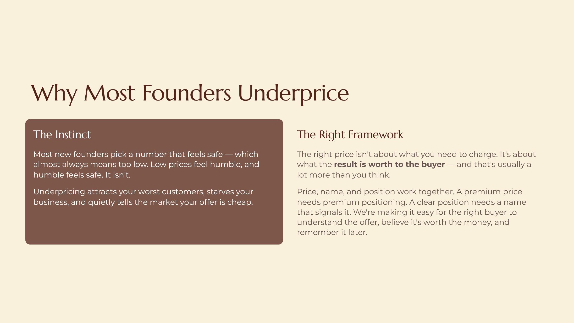 Pricing, Naming and Positioning the Idea slide — Why Most Founders Underprice
