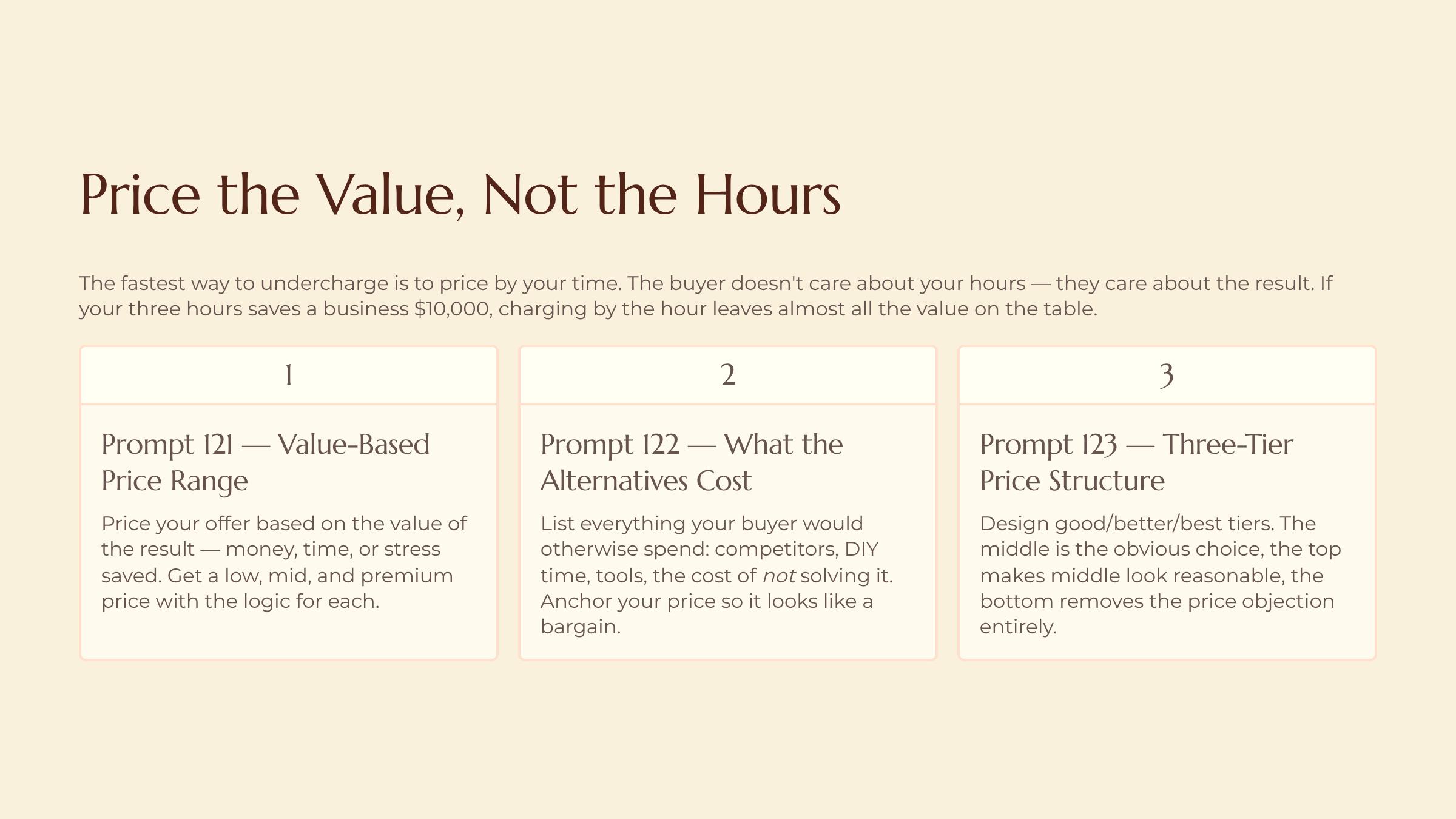 Pricing, Naming and Positioning the Idea slide — Price the Value Not the Hours