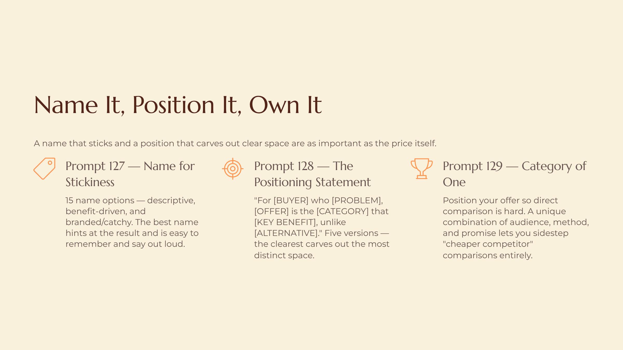 Pricing, Naming and Positioning the Idea slide — Name It Position It Own It