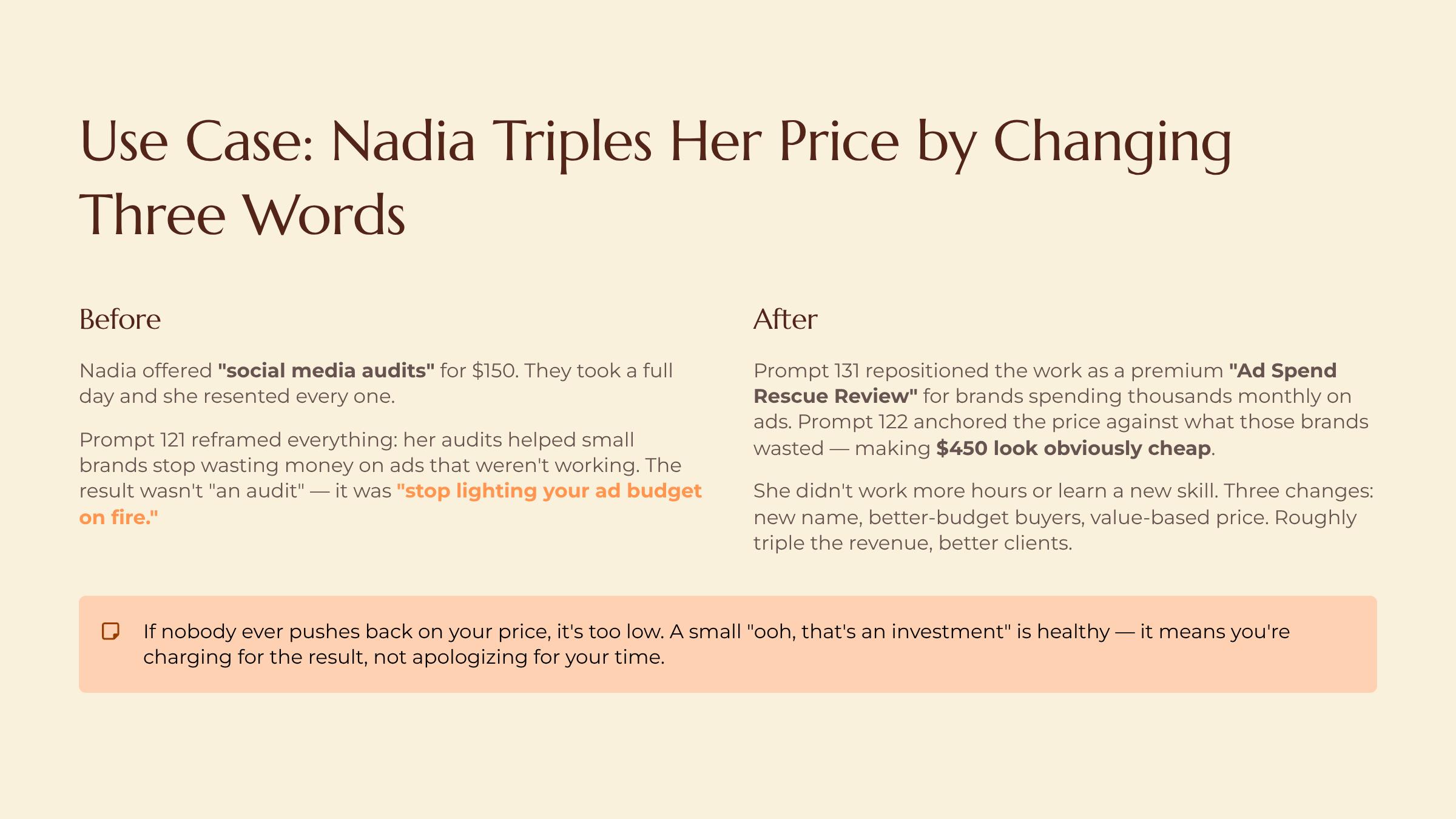 Pricing, Naming and Positioning the Idea slide — Use Case Nadia Triples Her Price by Changing Three Words