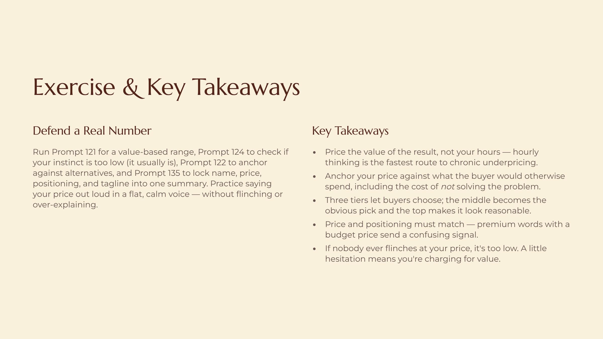 Pricing, Naming and Positioning the Idea slide — Exercise and Key Takeaways