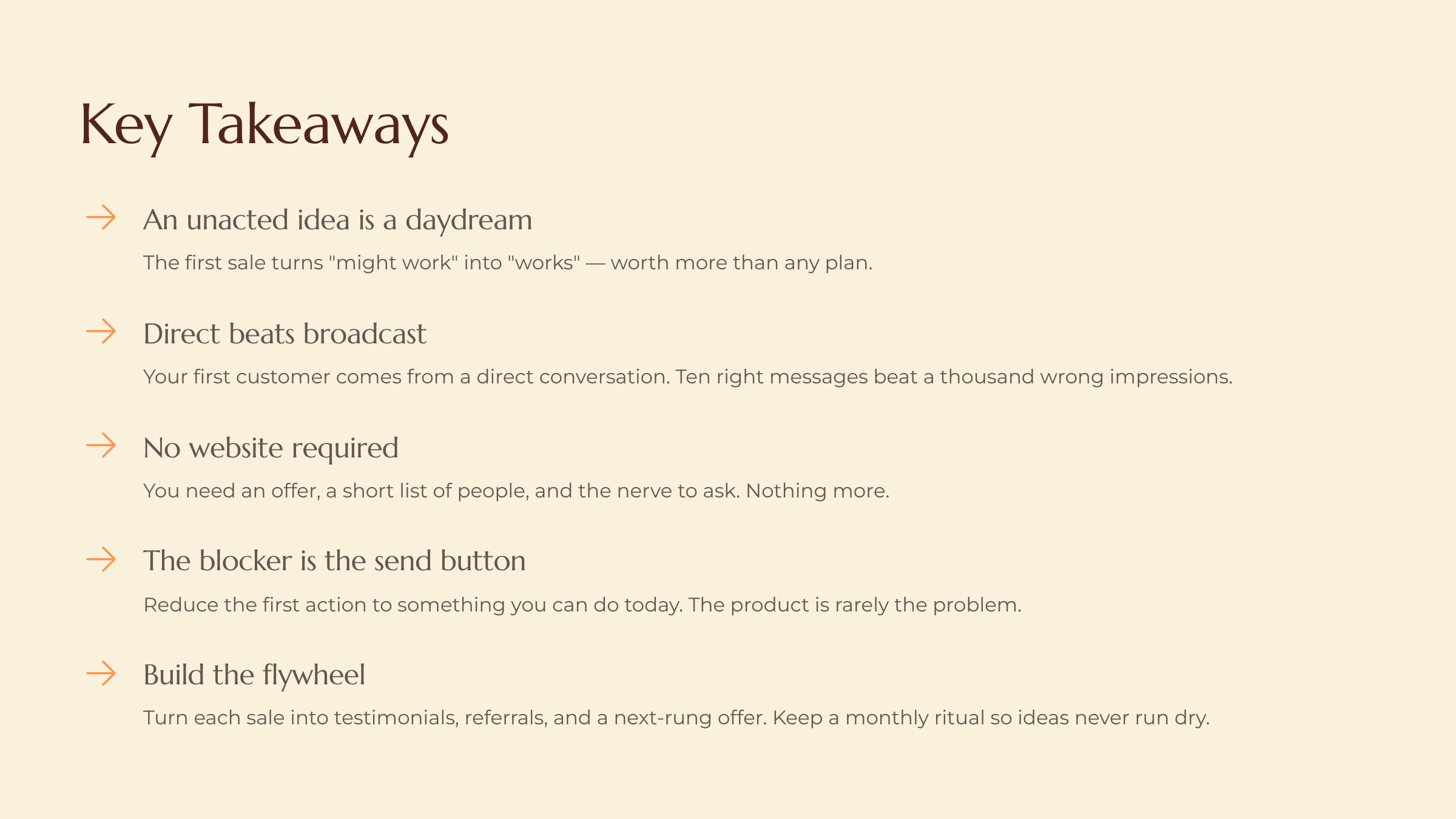 From Idea to First Sale in a Week slide — Key Takeaways